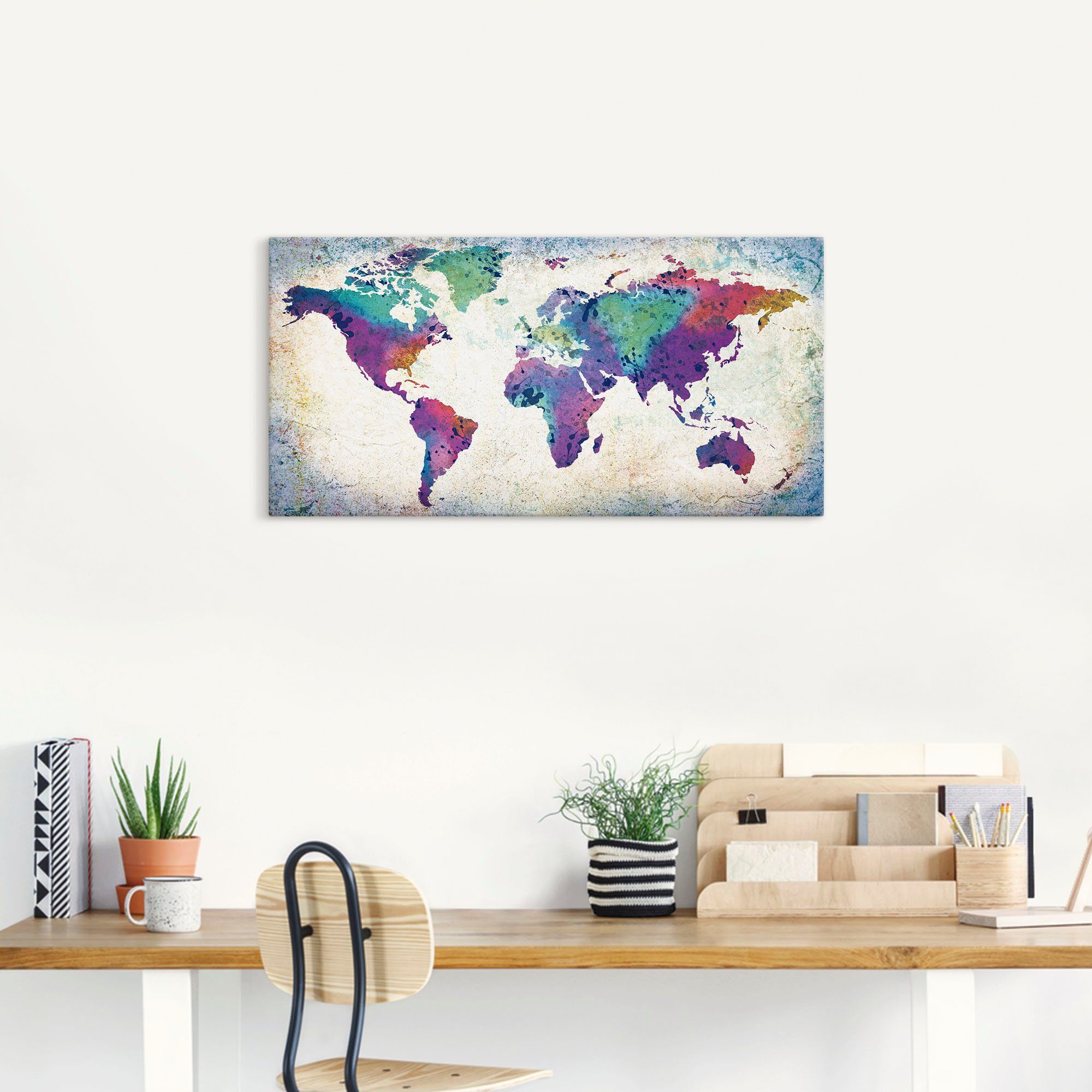 Artland Artprint Veelkleurige wereldkaart als artprint van aluminium, artprint voor buiten, artprint op linnen, poster, muursticker
