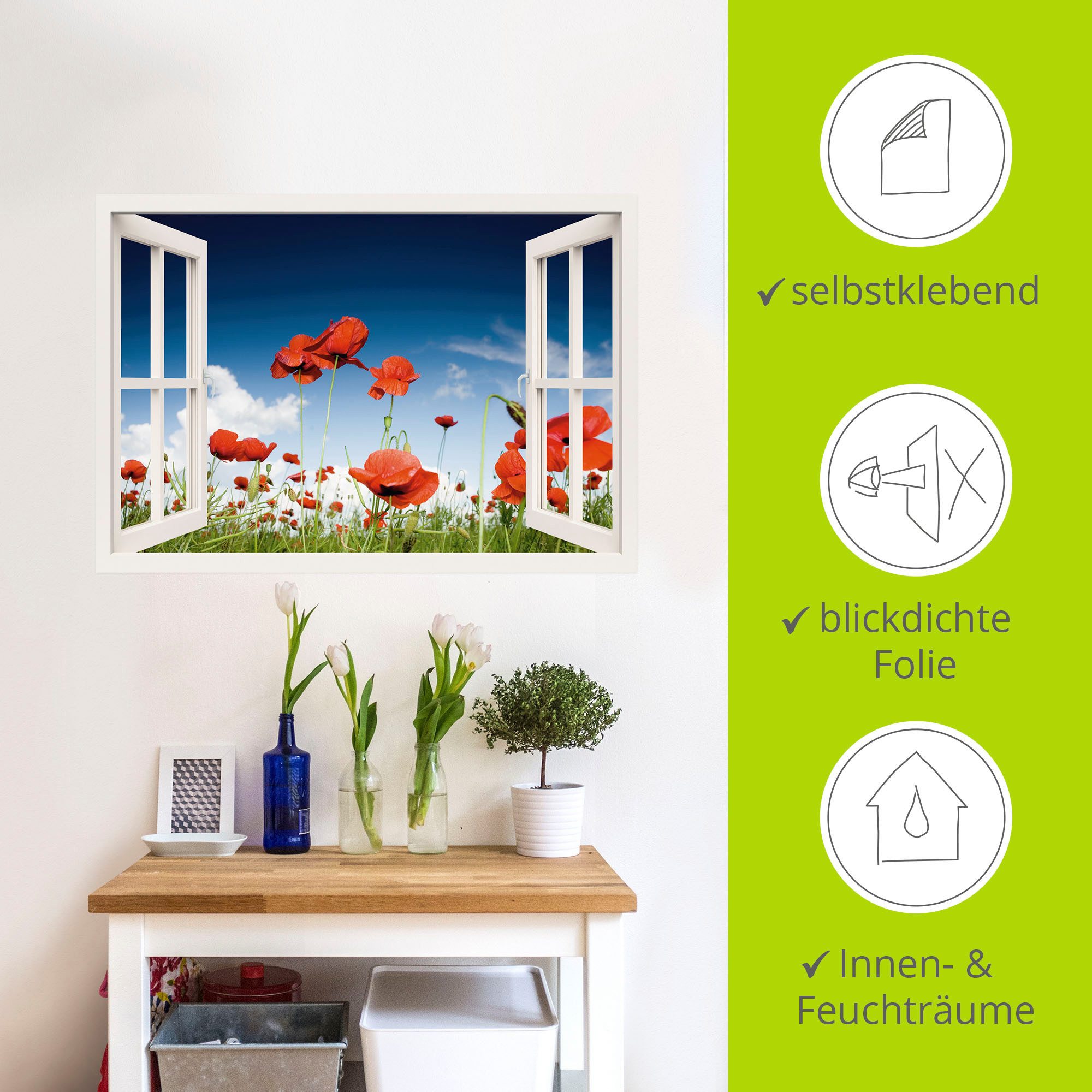 Artland Artprint Blik uit het venster veld met klaprozen als artprint op linnen, poster, muursticker in verschillende maten