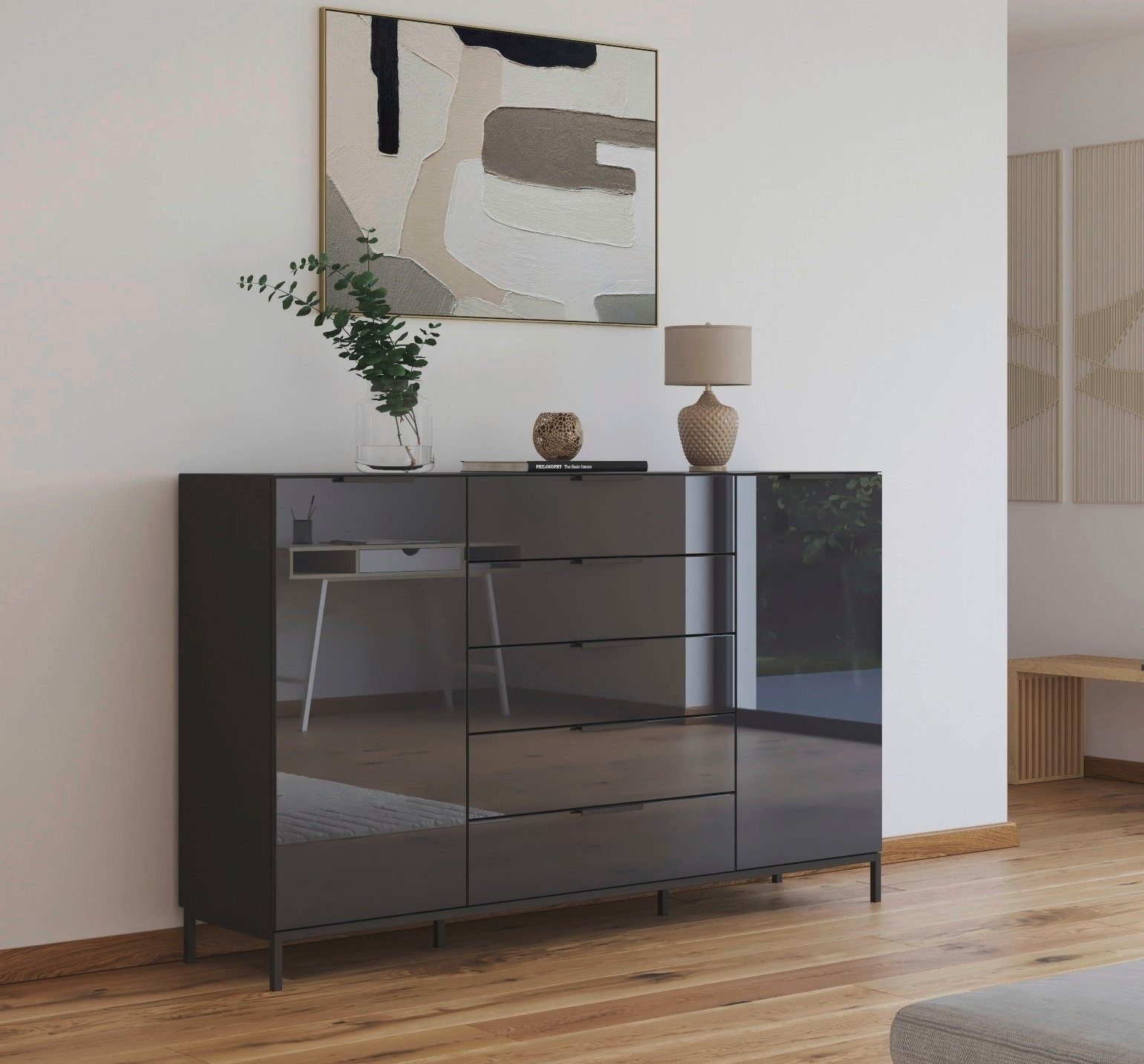 rauch Ladekast Flipp kast sideboard waskast bestseller 2-deurs, 5 laden, soft-close, bovenblad en glazen front, 2 breedtes