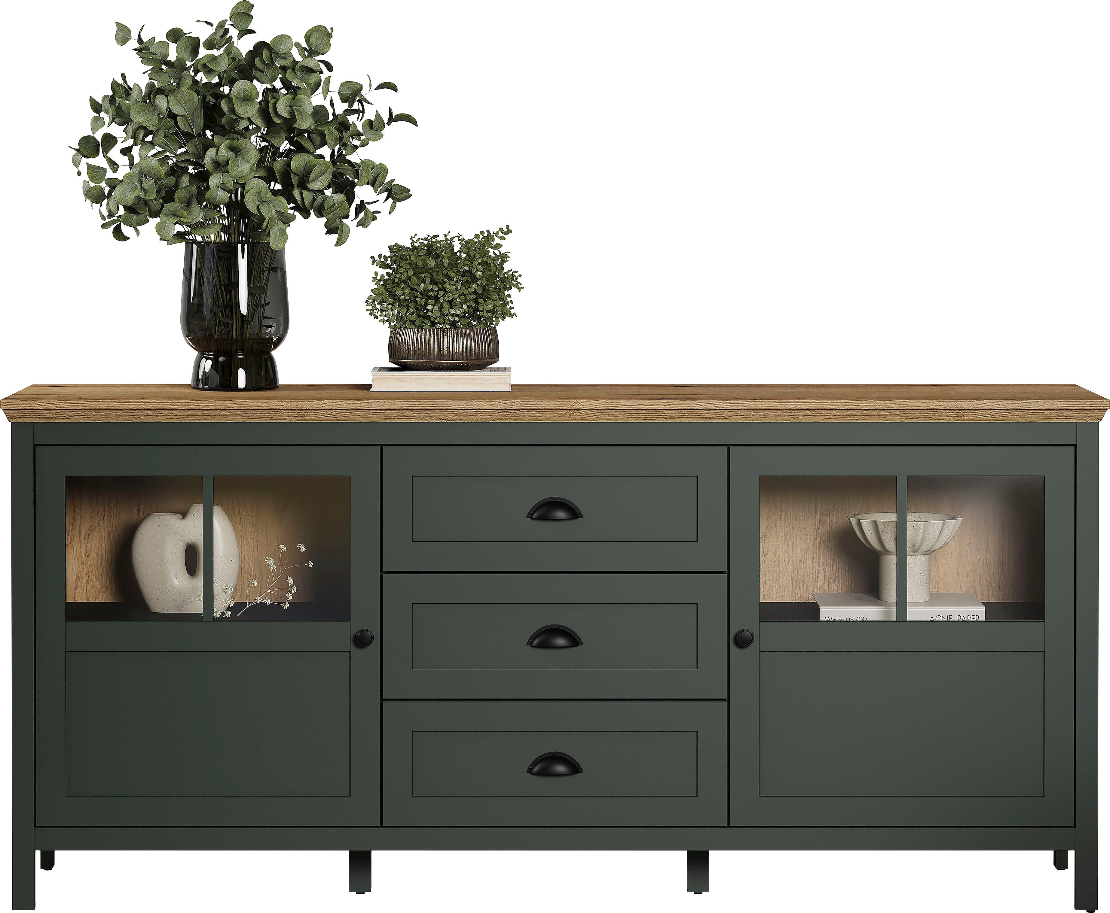 Home affaire Dressoir Vienna Commode in landhuisstijl met schelpenhandgrepen en glazen deuren