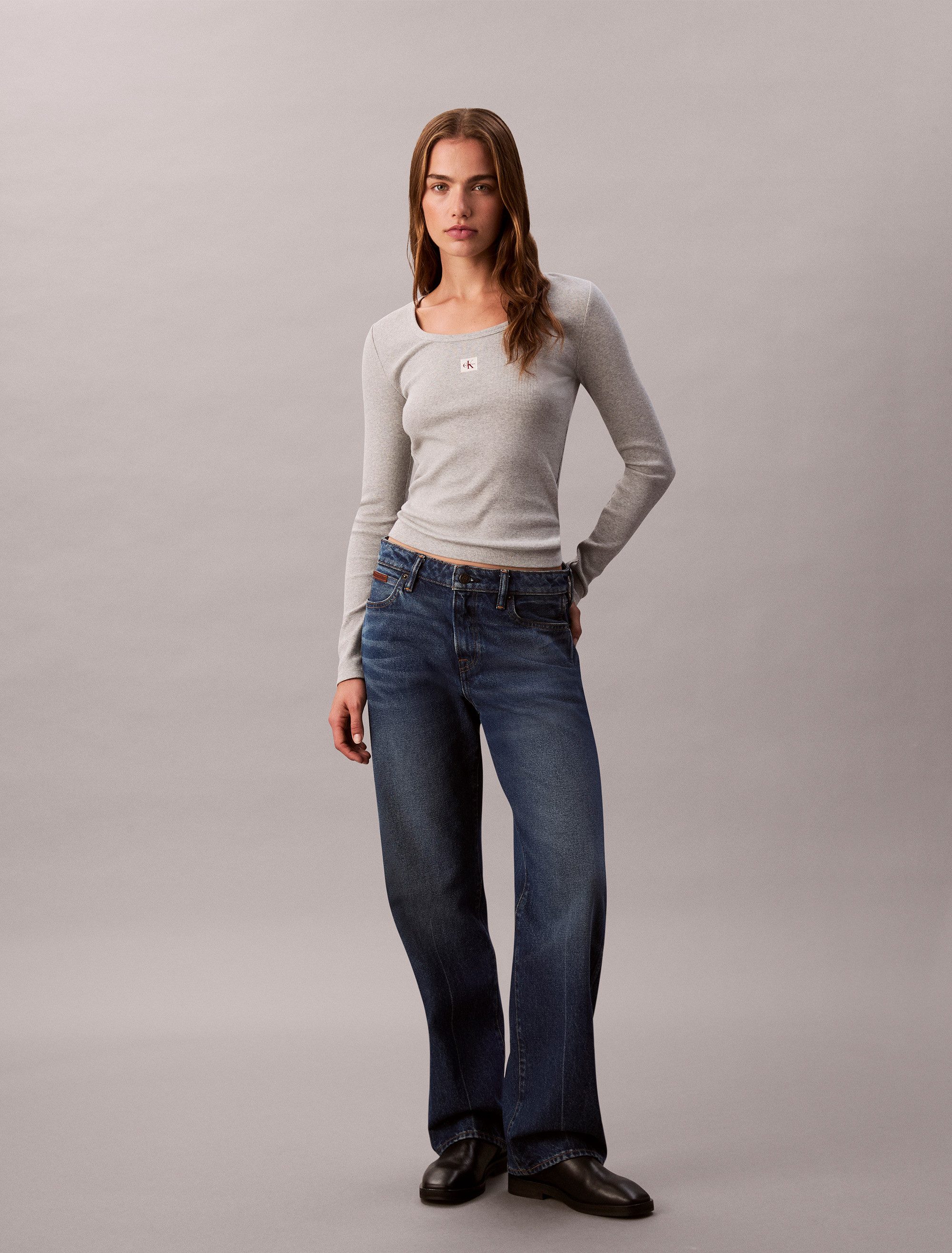 Calvin Klein Shirt met lange mouwen LS WOVEN LABEL 2X2 RIB SCOOP NEC