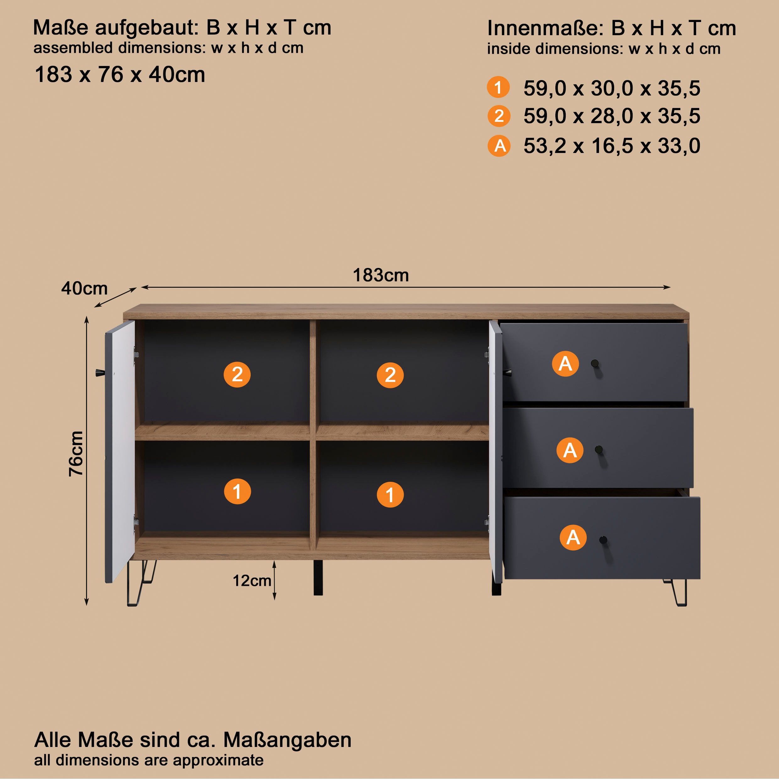 Places of Style Dressoir MOLVENO opvallend design met gestructureerde fronten, soft-closetechniek (1 stuk)