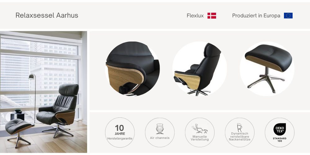 FLEXLUX Relaxfauteuil Aarhus, gestoffeerde relaxfauteuil, Scandinavisch design, armleuningen Relaxfunctie & hoofd- en rugverstelling, armleuning eiken, voet aluminium