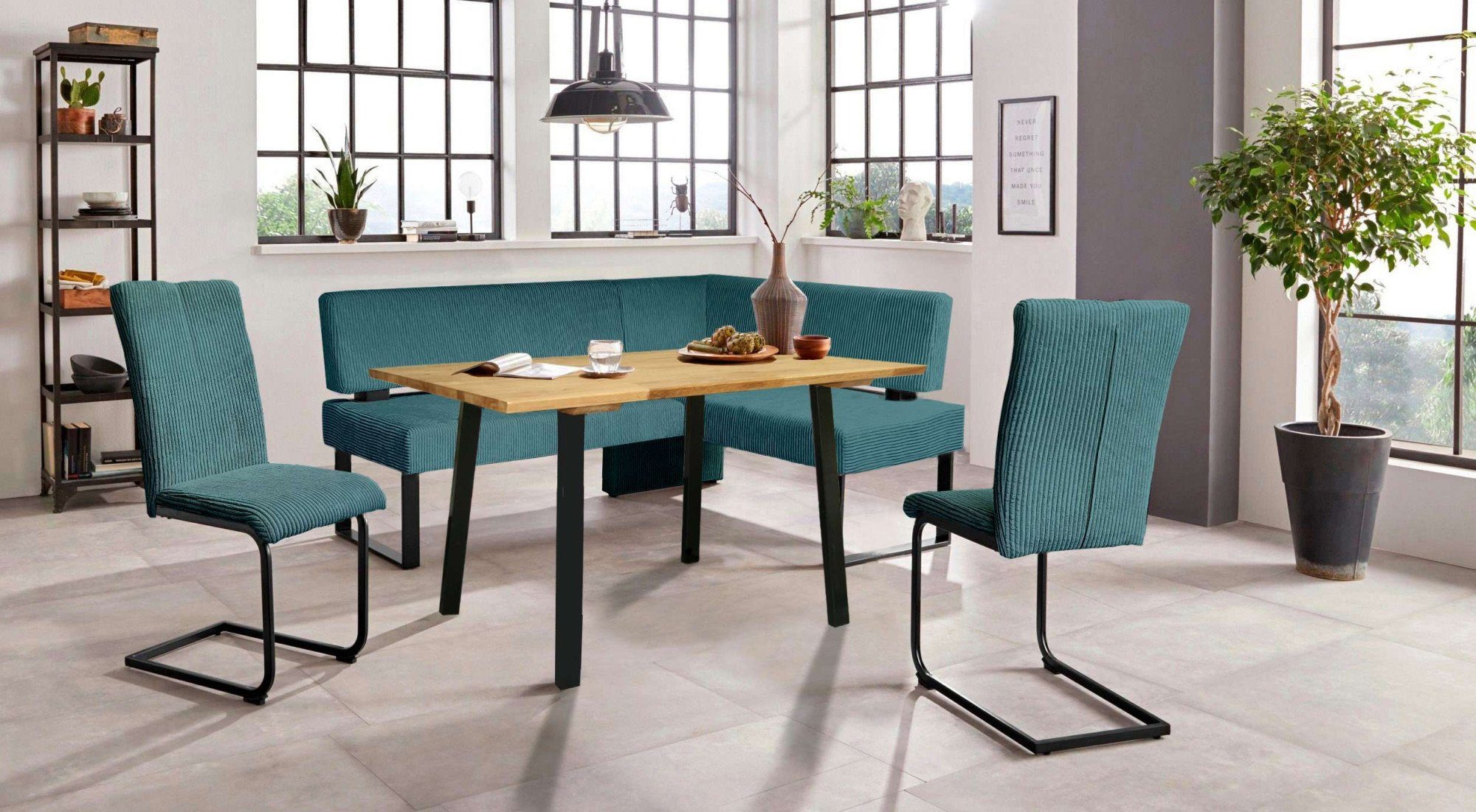Home affaire Eethoek Oliver Hoekbank met golfvering in de zitting, tafel massief eiken (set, 4-delig) eethoeken maat 220 cm x 89 cm x 160 cm blauw
