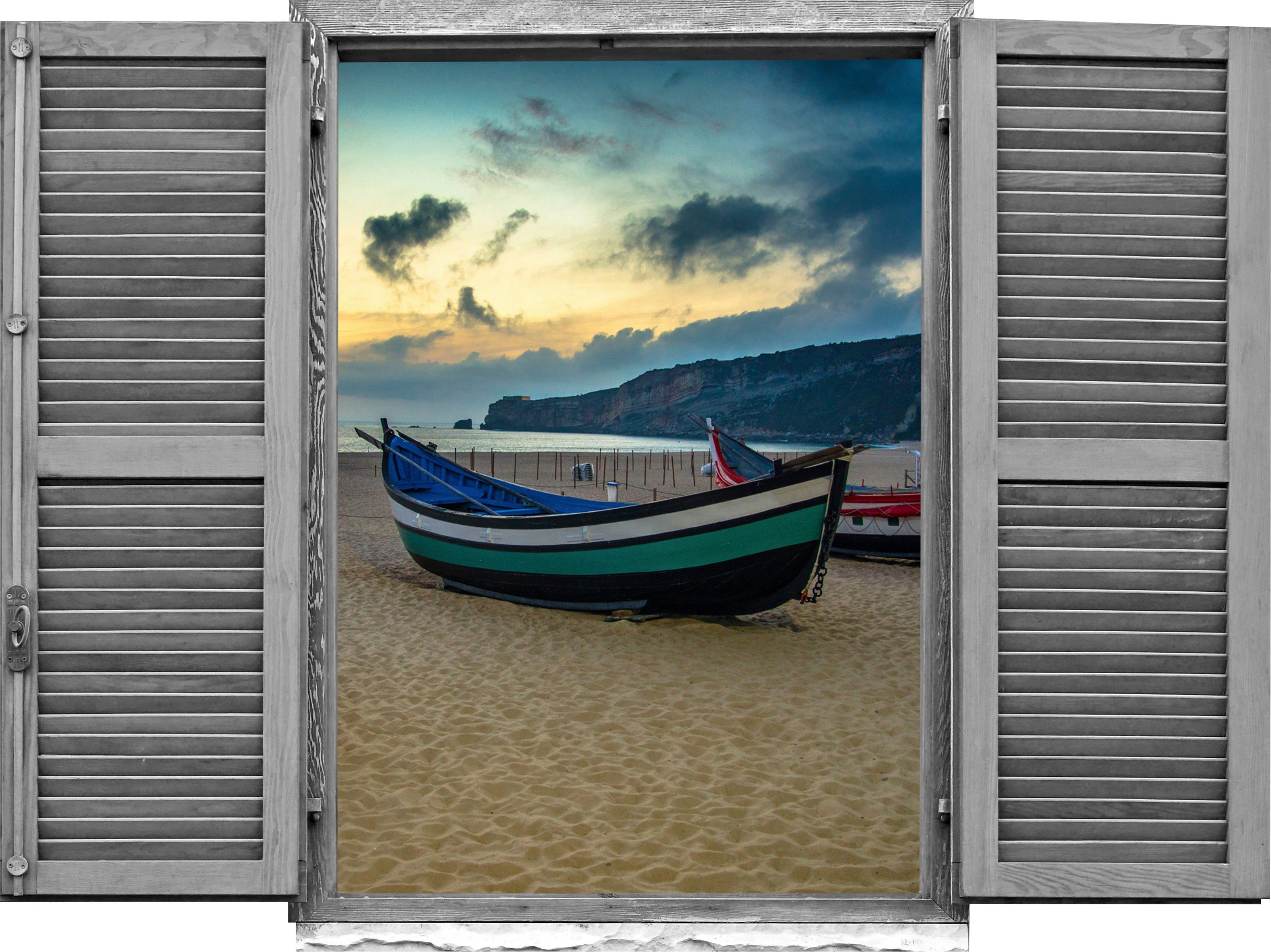 queence Wandfolie Boten aan het strand Muursticker, muurdecoratie, zelfklevend, 3D, raam (1 stuk)