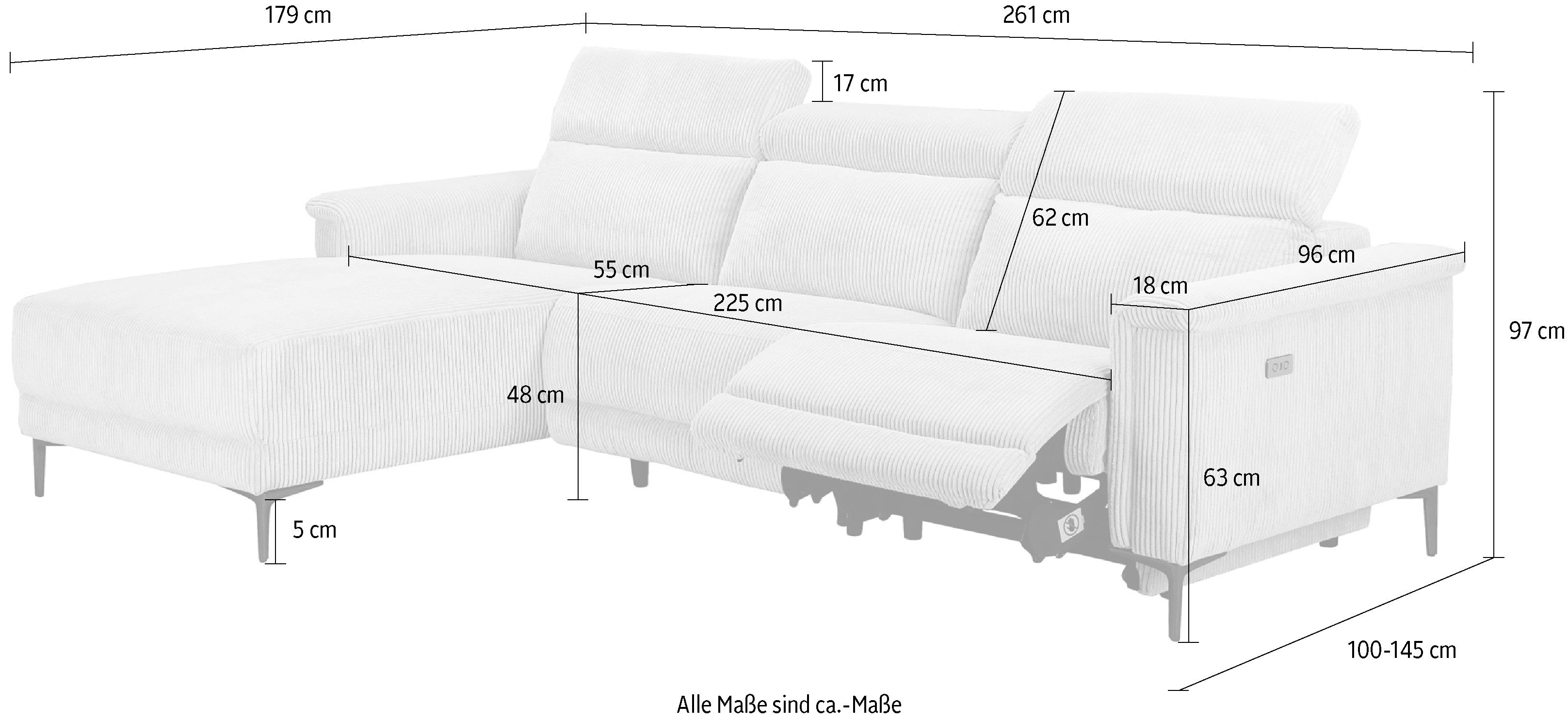 Places of Style Hoekbank Lund in cord, L-vorm, 261 cm, handmatige en elektrische relaxfunctie