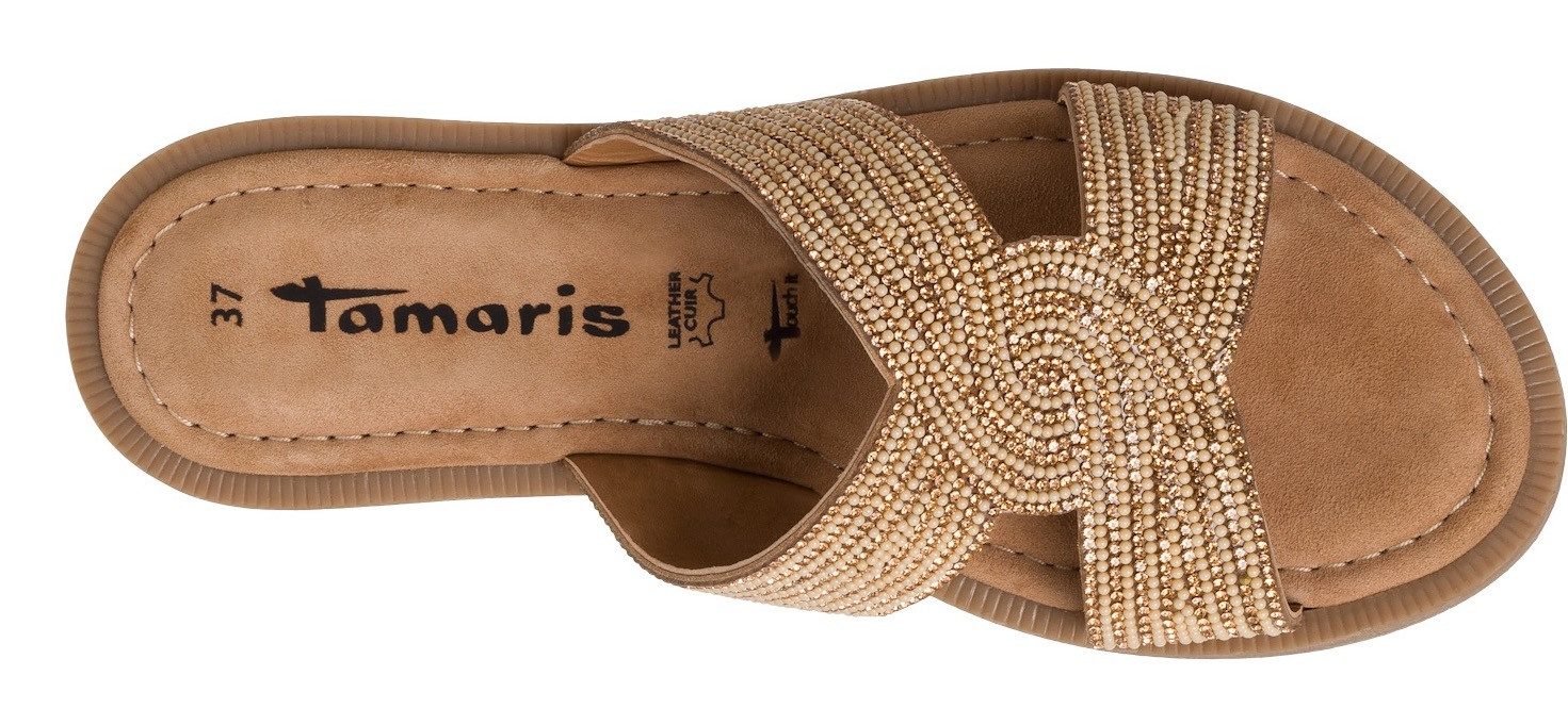 Tamaris Slippers , blokhak, feestmode, zomerschoen met fonkelende bandage