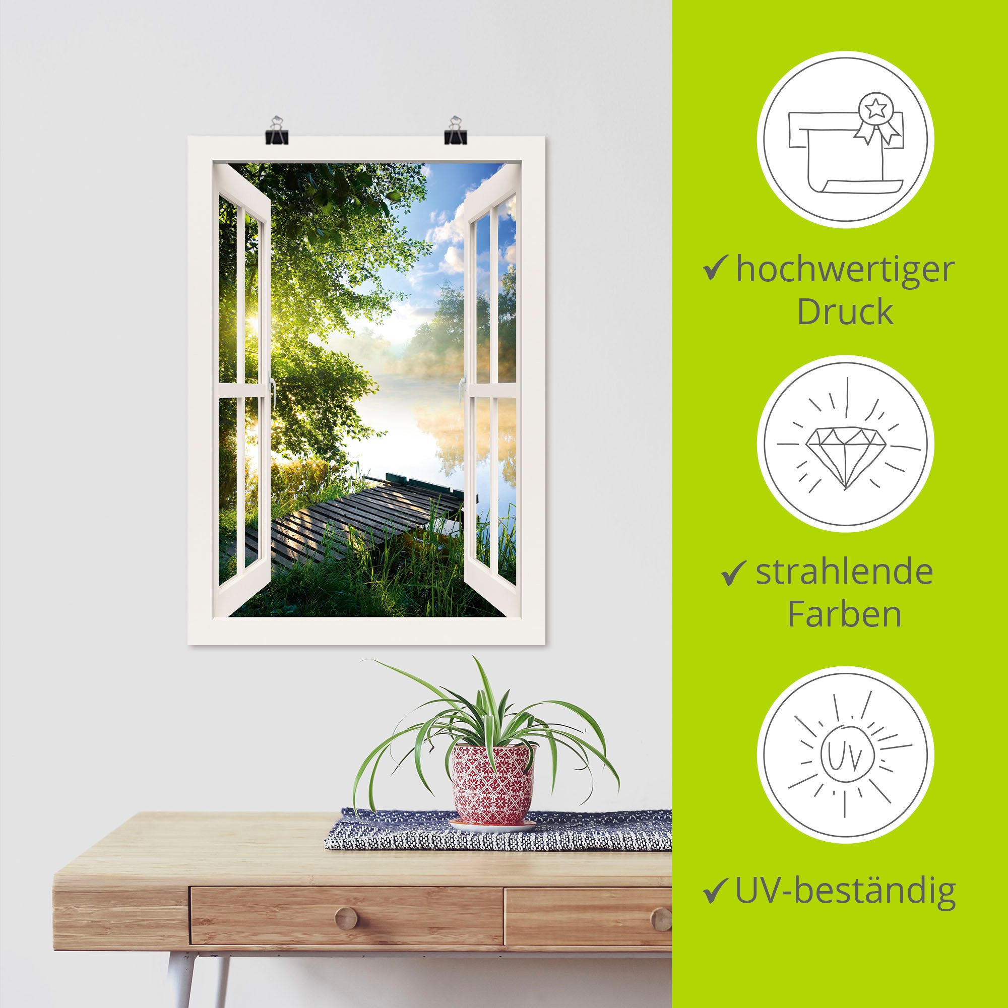 Artland Artprint Blik uit het venster visplek bij de rivier als artprint van aluminium, artprint voor buiten, artprint op linnen, poster, muursticker