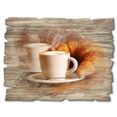 artland artprint op hout stomende cappuccino en croissant (1 stuk) bruin