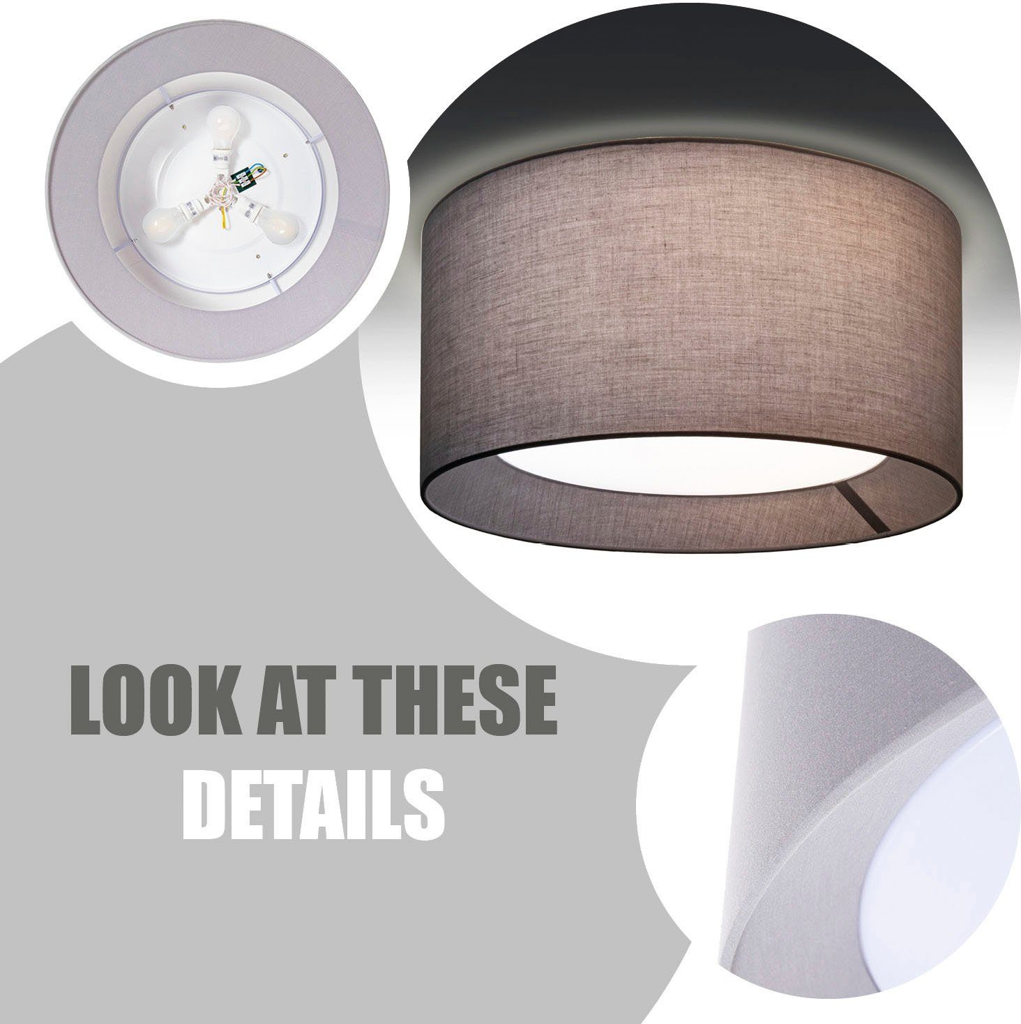 Paco Home Plafondlamp Om Rond kantoor textielkap 3 x E27 modern gesloten uni