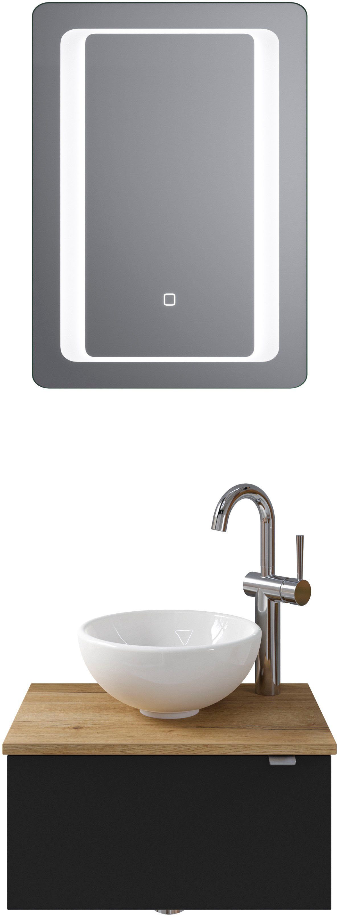 Saphir Badkamerserie Serie 6915 Gastenbadkamer, 51 cm breed, met led-spiegel en 1 deur (4-delig) badmeubelsets zwart