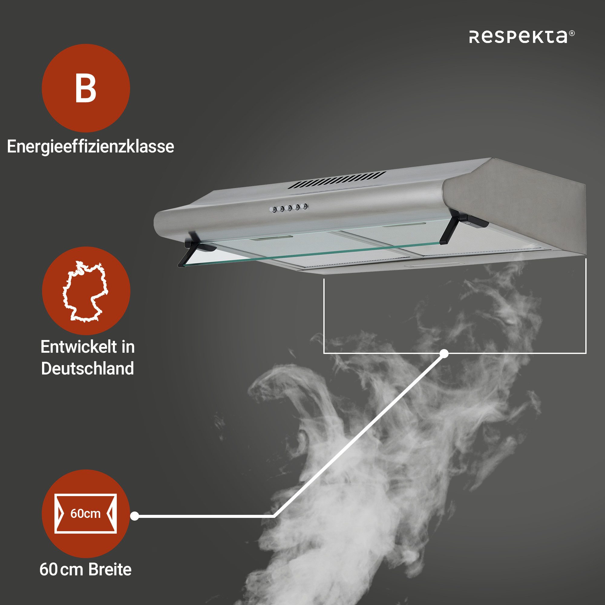 RESPEKTA Onderbouwkap CH 1259 IXC N 60 cm, 3 vermogensniveaus, led-verlichting, geschikt voor afzuiging en recirculatie