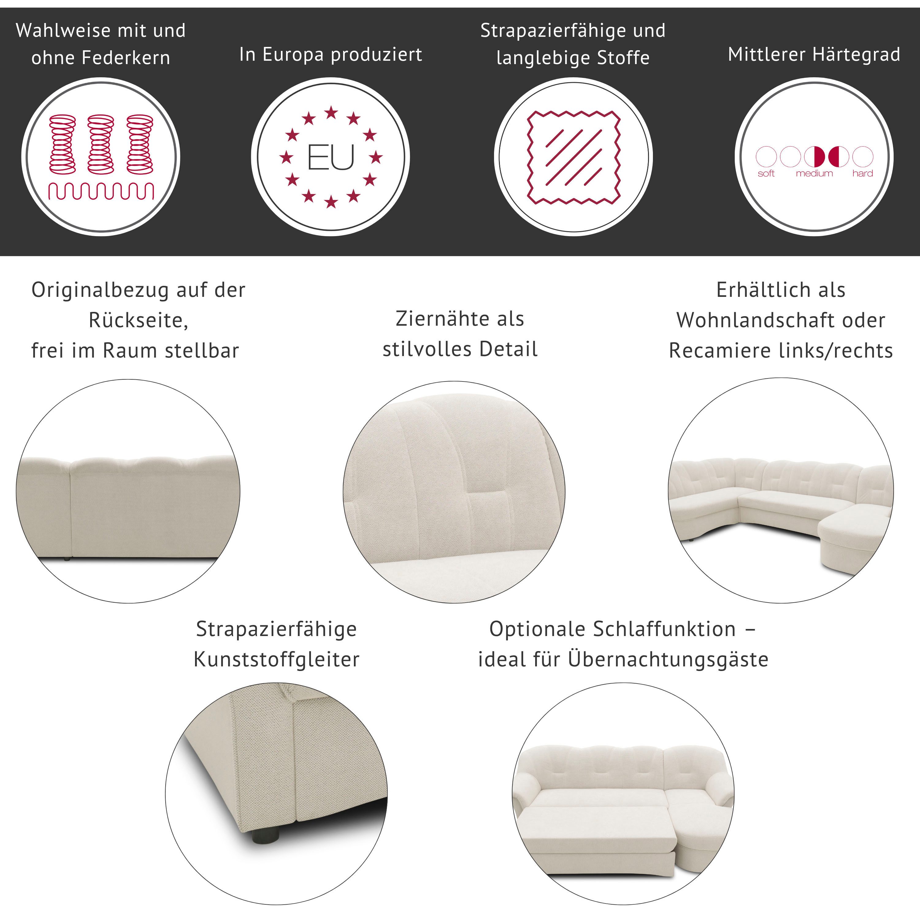 DOMO collection Hoekbank Flores slaapbank, B/D/H: 233/142/86 cm, L-vorm naar keuze met slaapfunctie, naar keuze met binnenvering, ook in leer