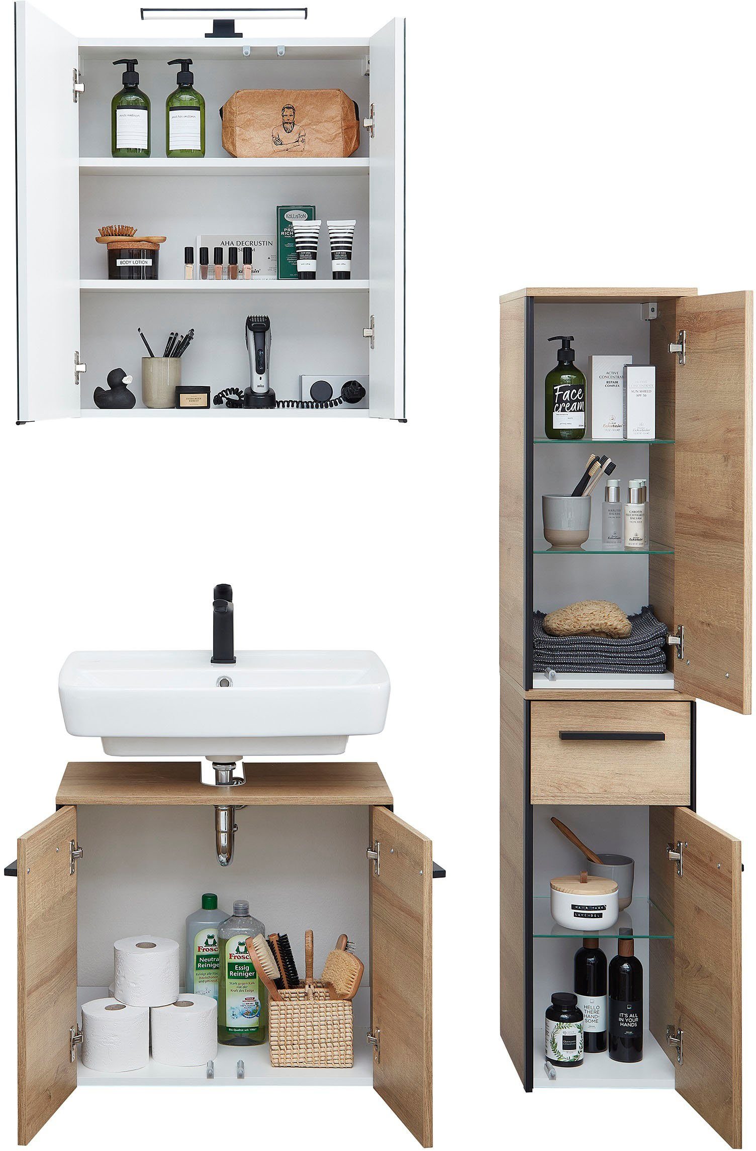 Saphir Badkamerserie Quickset 395 3-delig, wastafelonderkast met led-spiegelkast Middel kast, incl. deurdemper, 6 deuren, 1 lade, badkamer set (4-delig)