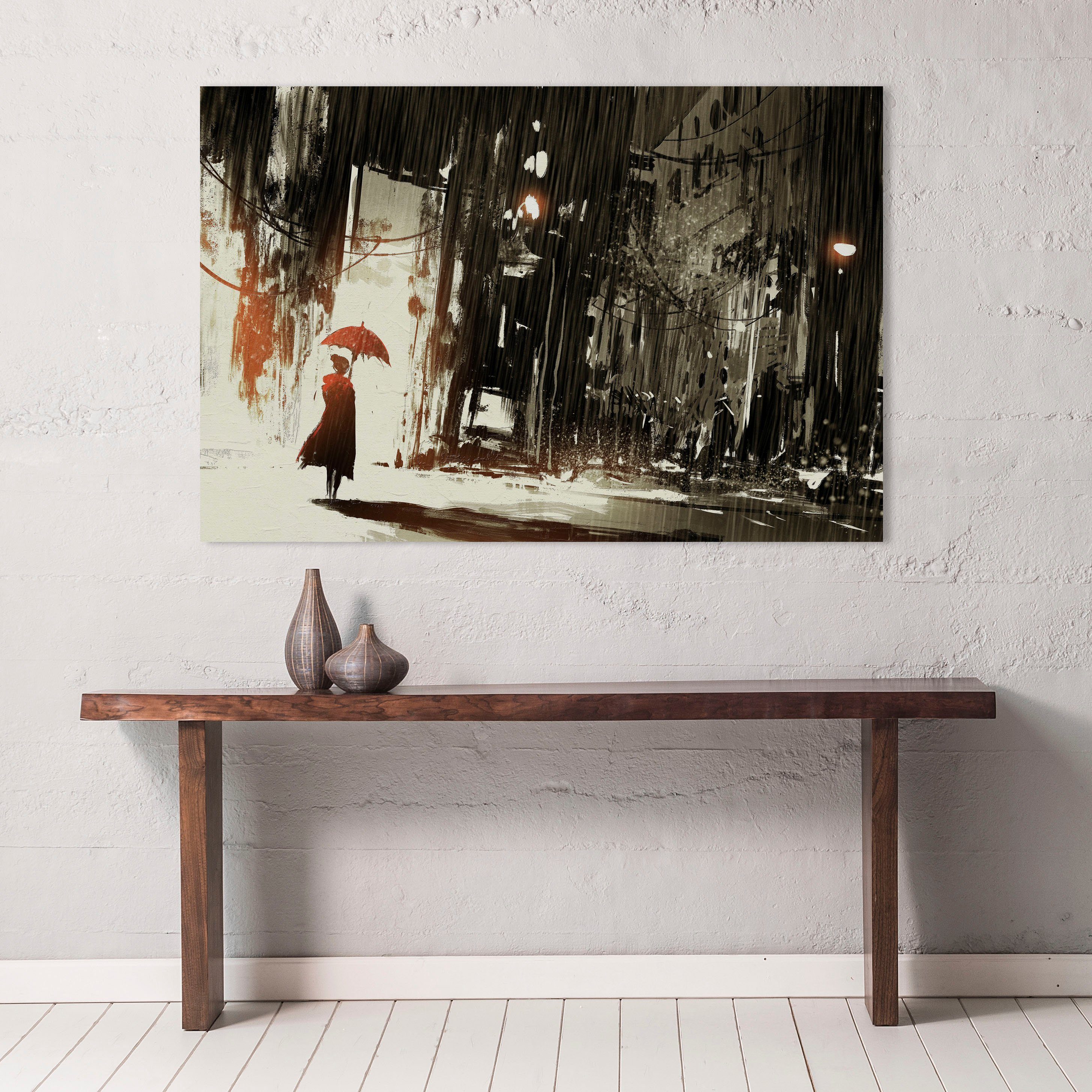 queence Artprint op linnen Vrouw in de regen Premium canvasstof, handgemaakt in Duitsland