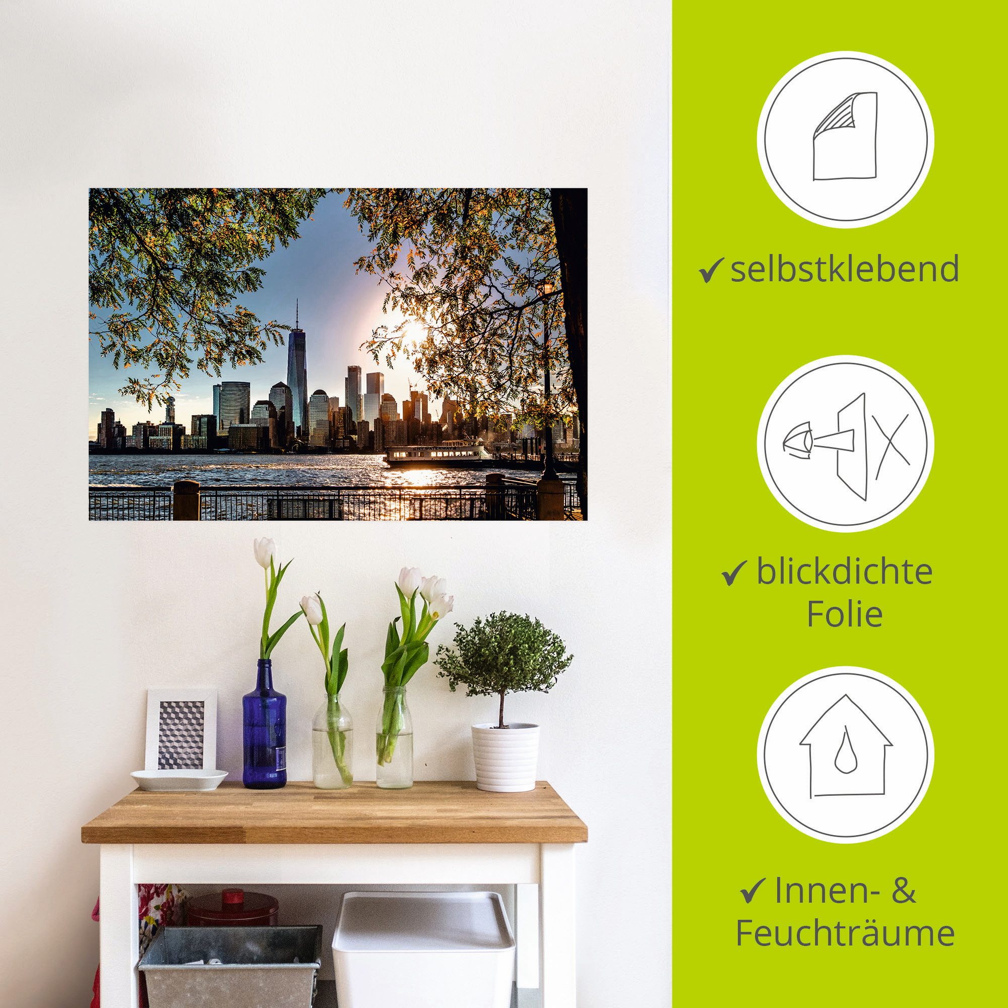 Artland Artprint Zonsopkomst boven New York als artprint van aluminium, artprint voor buiten, artprint op linnen, poster, muursticker