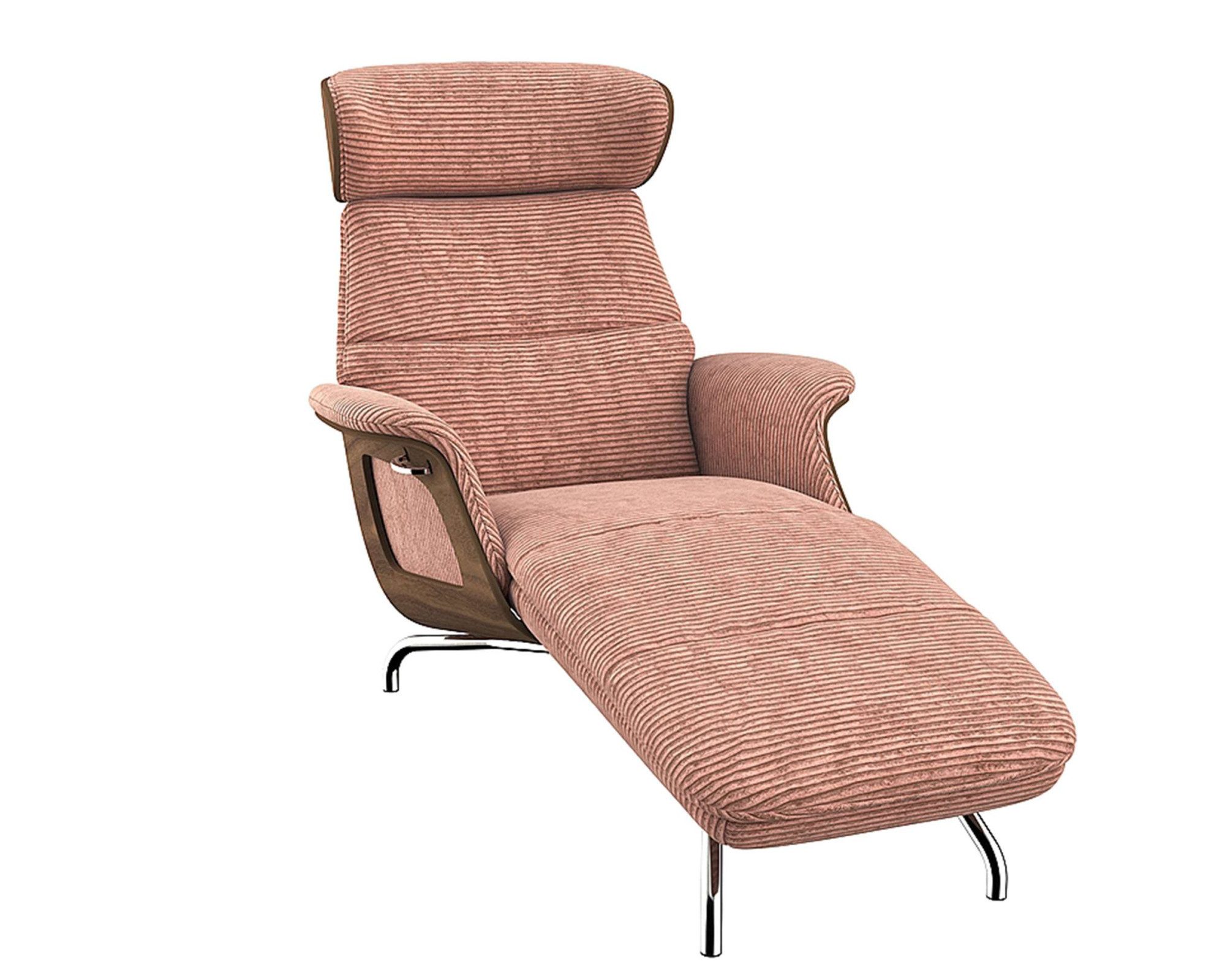 FLEXLUX Loungestoel Clement chaise longue, relaxstoel, ligstoel Rug- en hoofdsteunverstelling, armleuning, walnoot, voet van aluminium roze, chaise