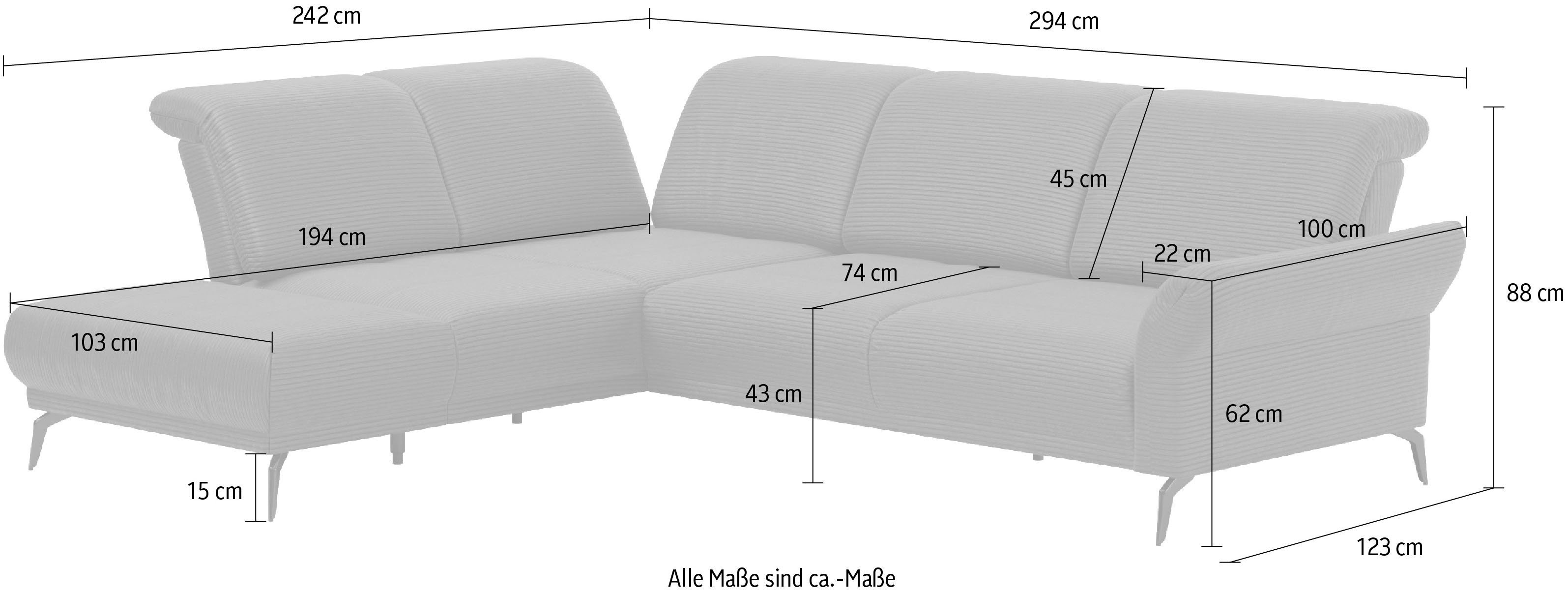 INOSIGN Hoekbank Coco L-vorm Verstelbare zitdiepte, armleuning en hoofdeind, cordbekleding, poothoogte 15 cm