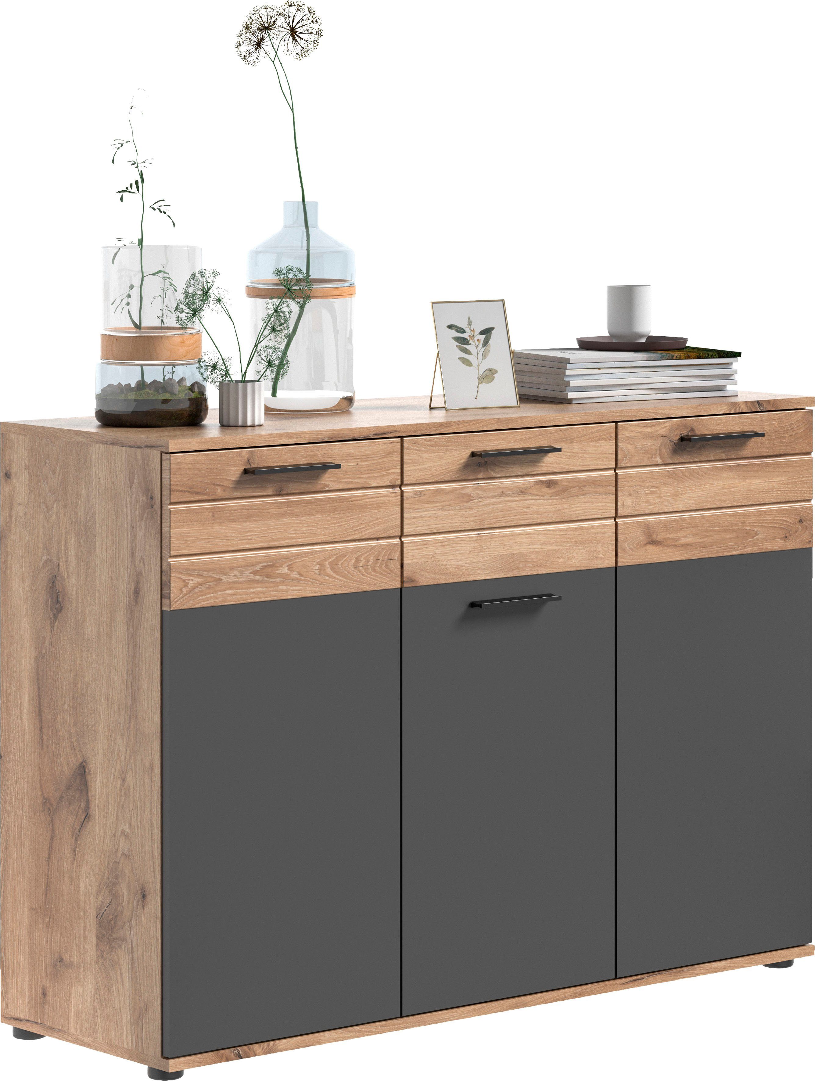 INOSIGN Dressoir Riga, Breedte 120 cm, 3 Deuren, 1 Lade, 5 Planken, 8 Vakken hoogwaardige groeffrezen, met softclose, commode, dressoir, kast