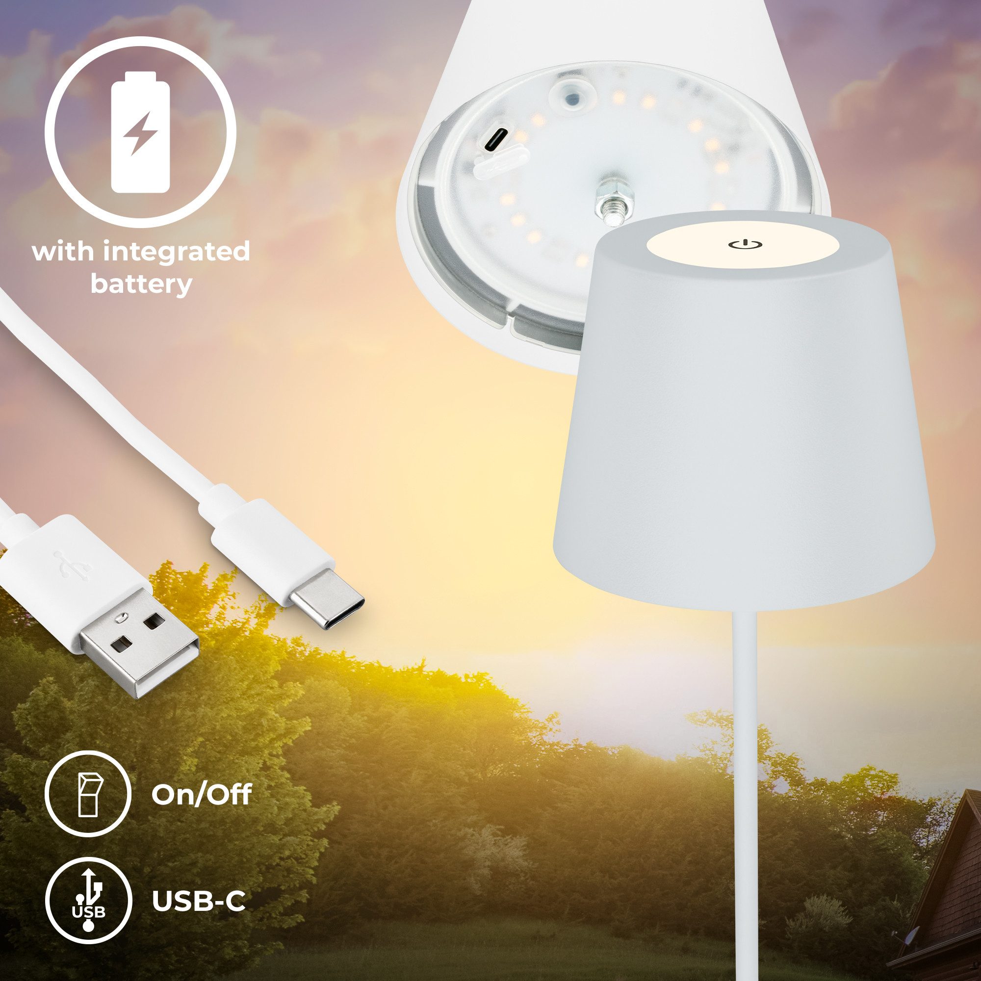 B.K.Licht Tafellamp voor buiten BK_TL1594 Accu LED tafellamp, 3-niveau touchdimmer, met USB 2.700 k, 200 lm, 2,5w, ip44, 12h brandduur, 36 x 10,5 cm, wit (1 stuk)