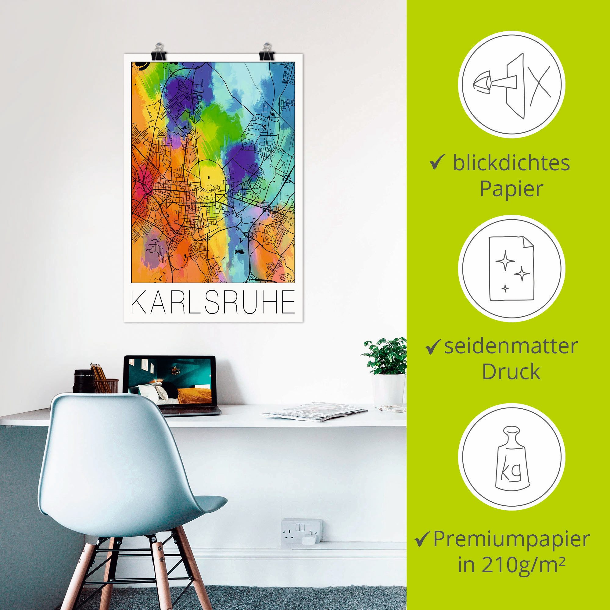 Artland Artprint Retro kaart Karlsruhe aquarel als artprint van aluminium, artprint voor buiten, poster in diverse formaten