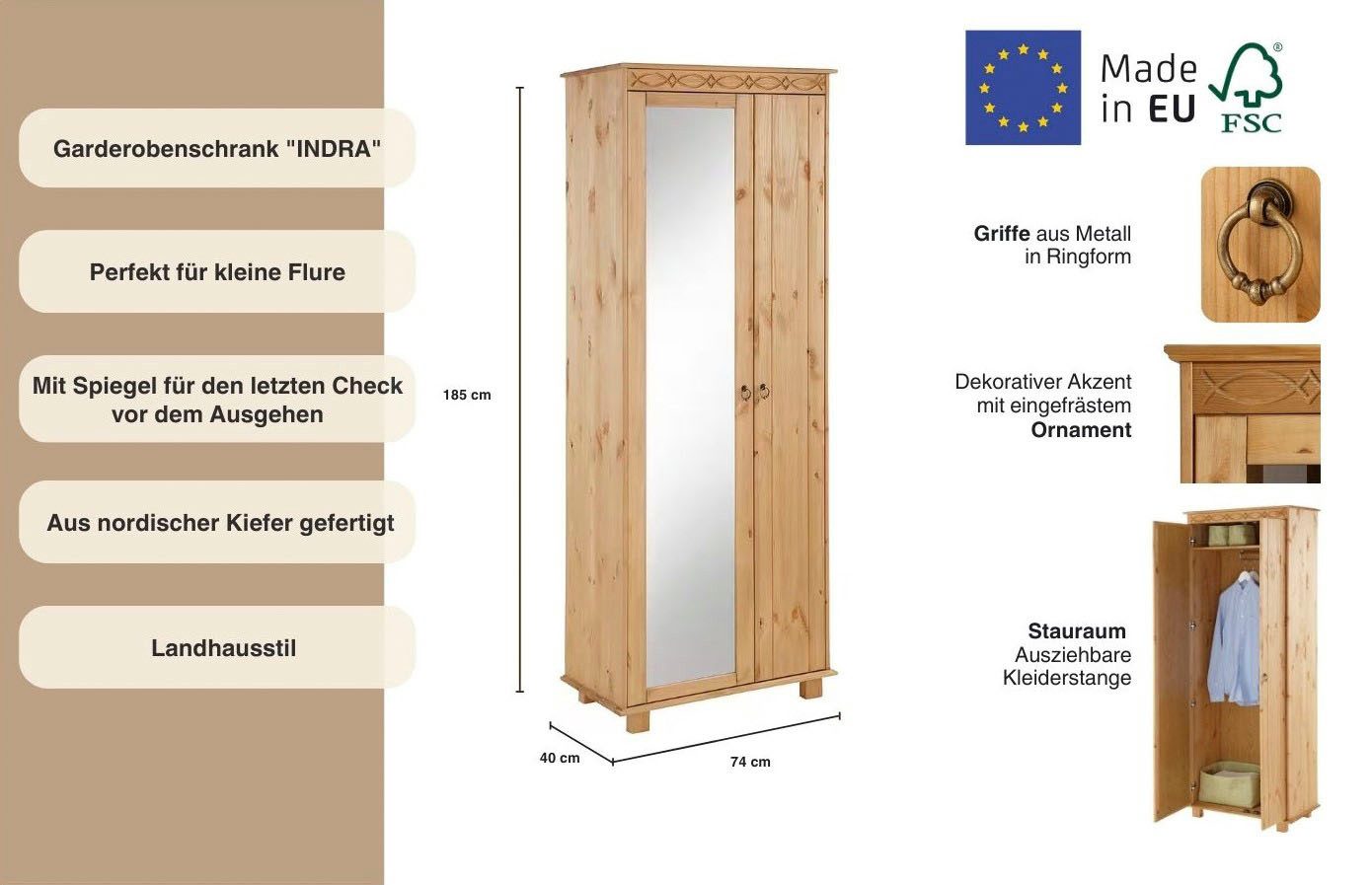 Home affaire Kledingkast Indra van massief dennenhout, met spiegel, discreet ornament