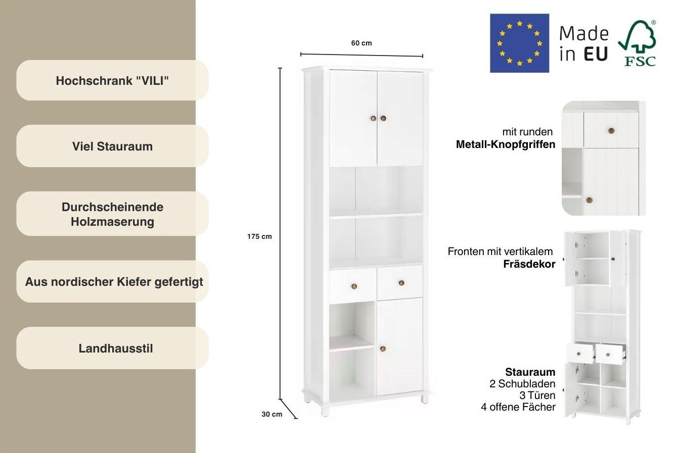 Home affaire Hoge kast Vili Breedte 60 cm, 2 laden, 3 deuren