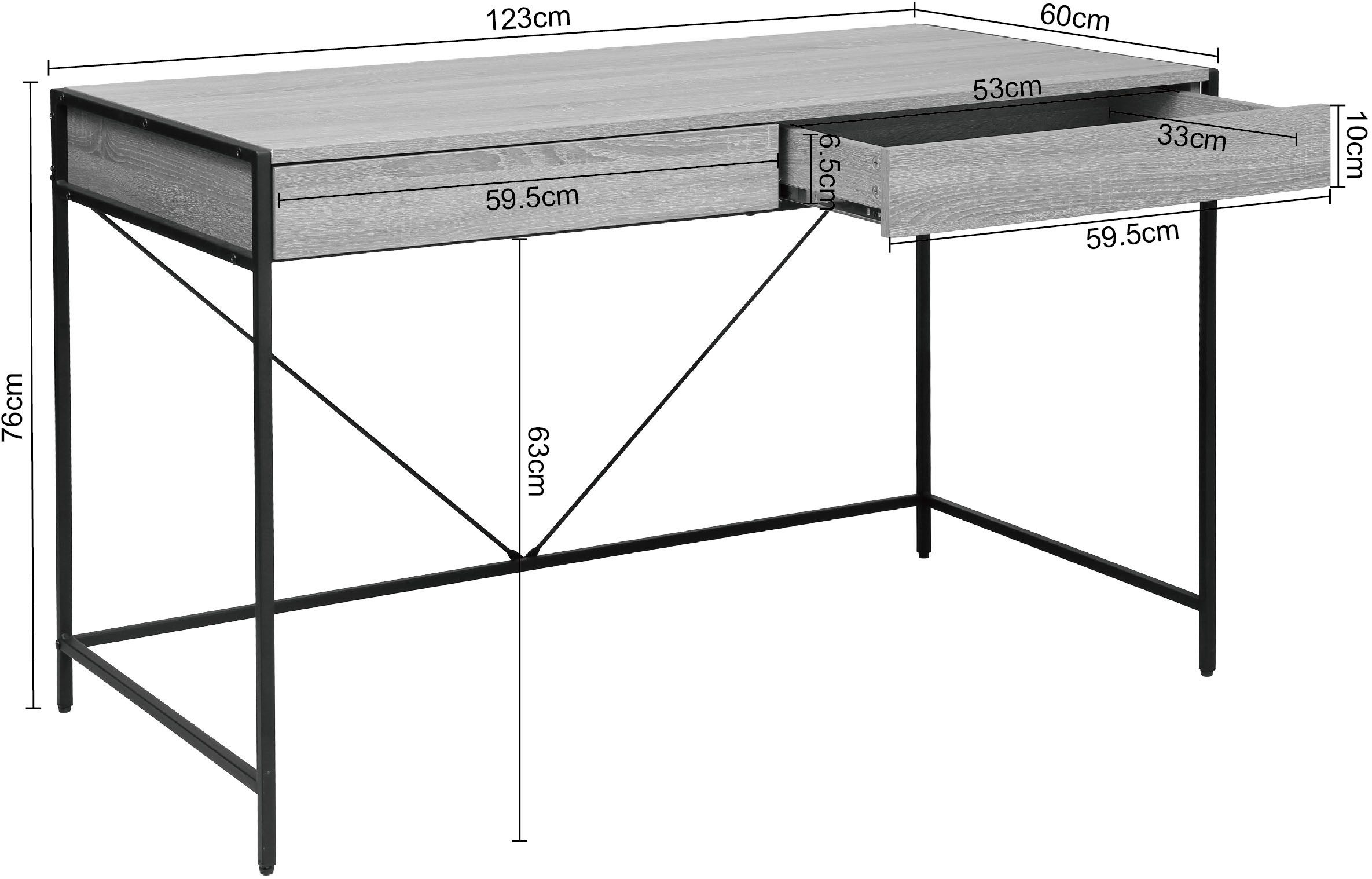 INOSIGN Bureau Endre stabiel metalen frame, 2 lades, greeploos, breedte 123 cm