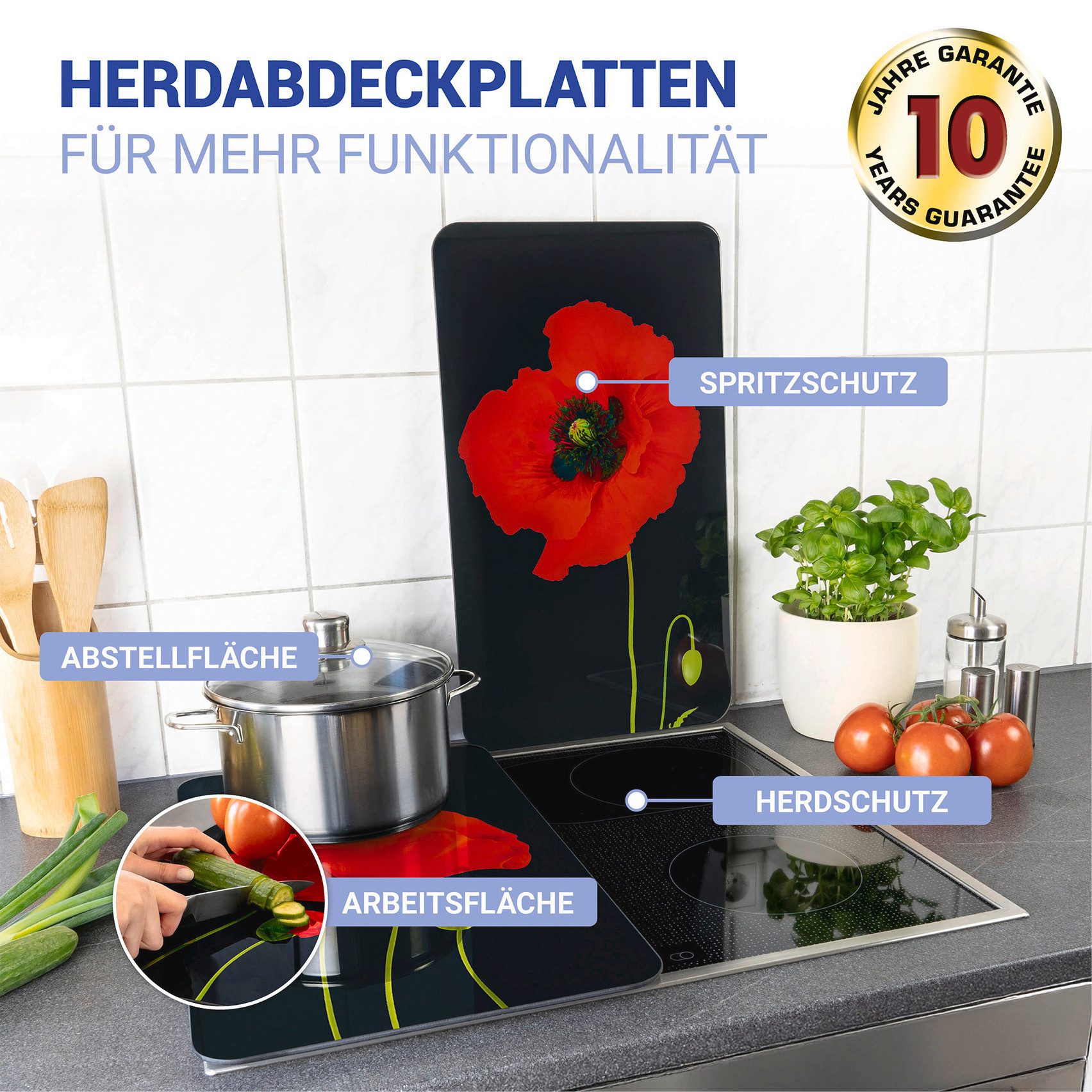 WENKO Kookplaatdeksel Universal Model Mohn Kookplaatafdekking voor alle soorten kookplaten, krasvast, met antislipvoetjes (set, 2-delig)