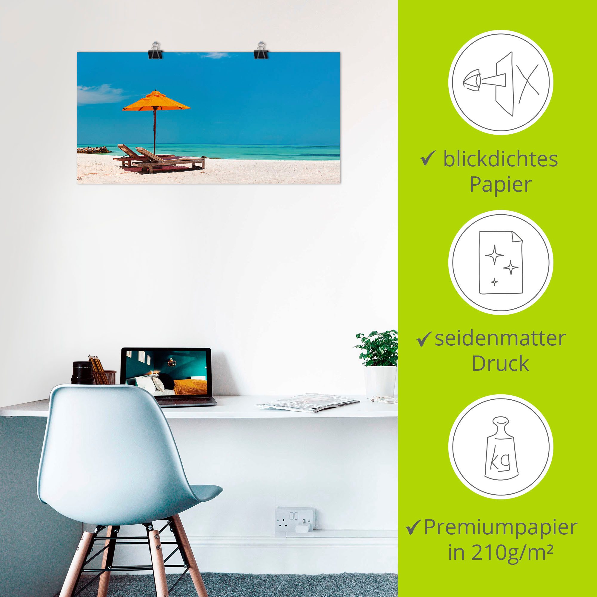 Artland Artprint Ligstoel parasol strand Malediven als artprint van aluminium, artprint voor buiten, artprint op linnen, poster, muursticker