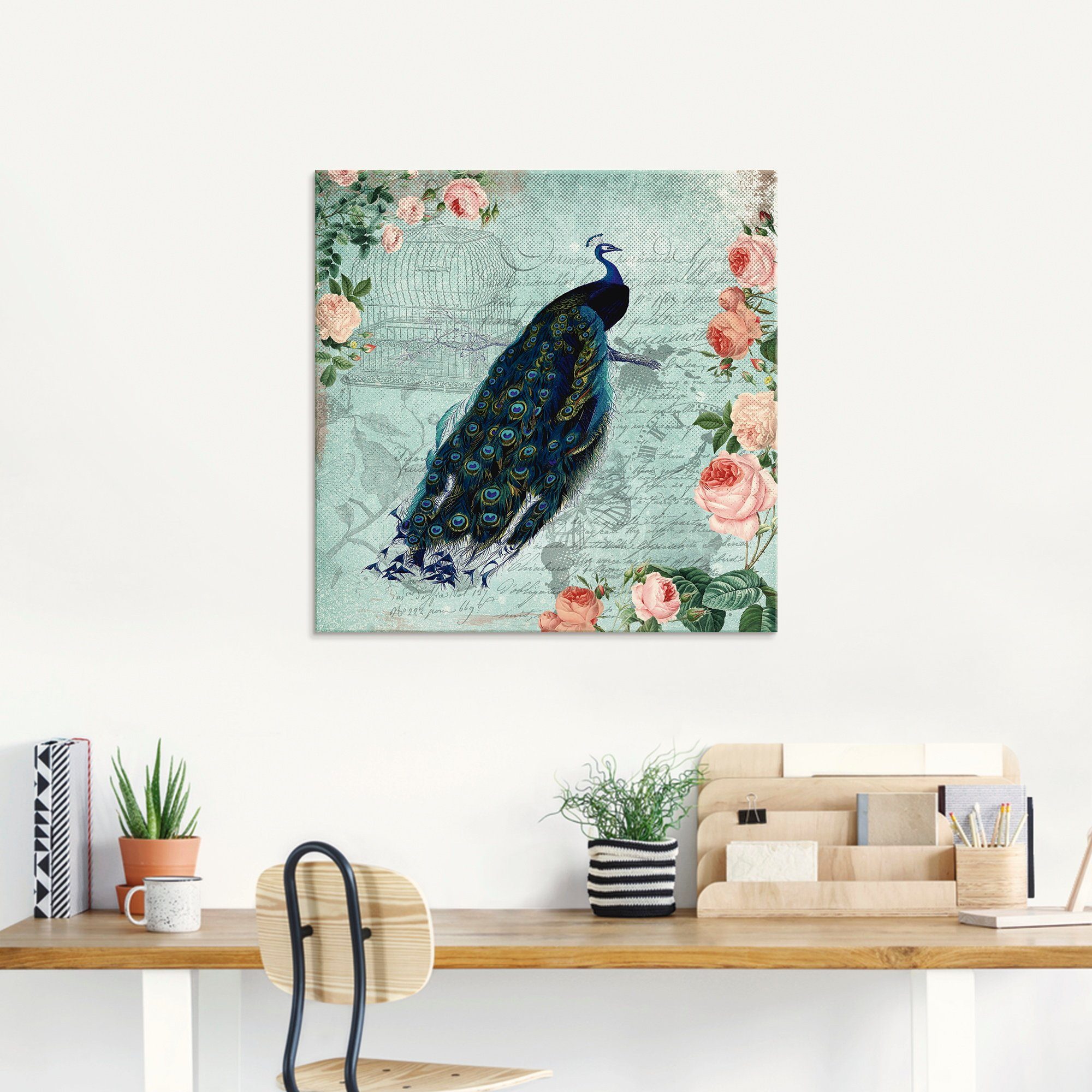 Artland Print op glas Vintage rozen en pauw illustratie