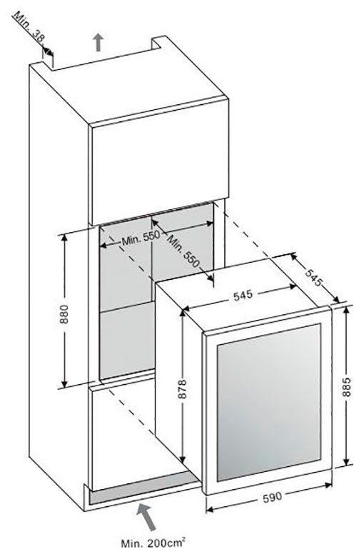 Amica Inbouw wijnkoelkast WK 341 220 S, 88,4 cm x 59 cm, voor 58 standaardflessen van 0,75 liter, inbouwkoelkast