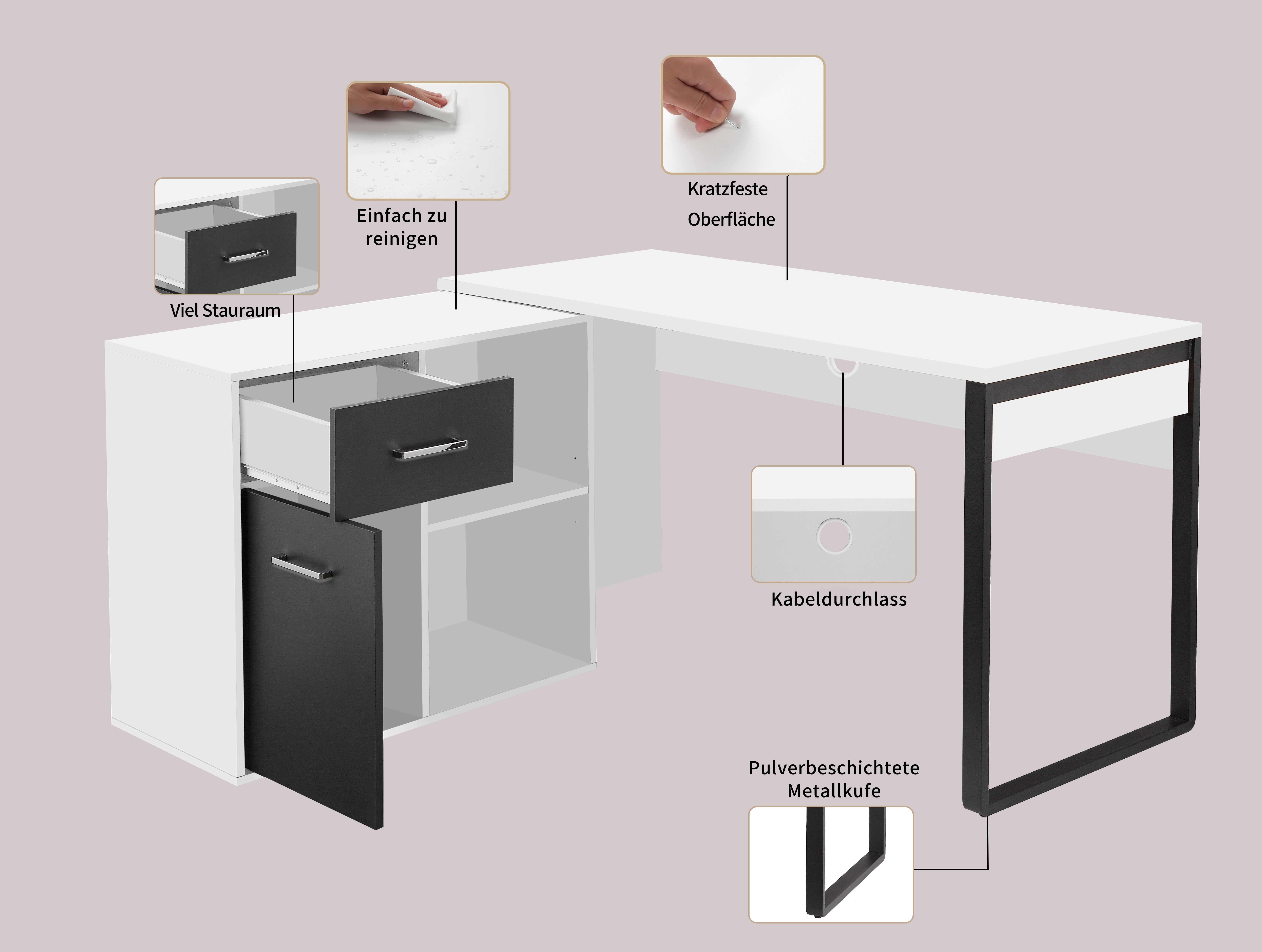 Places of Style Hoekbureau Moid, computertafel, kabeldoorvoer, met planken Lade en deur, flexibel plankelement, 140x82-115 cm