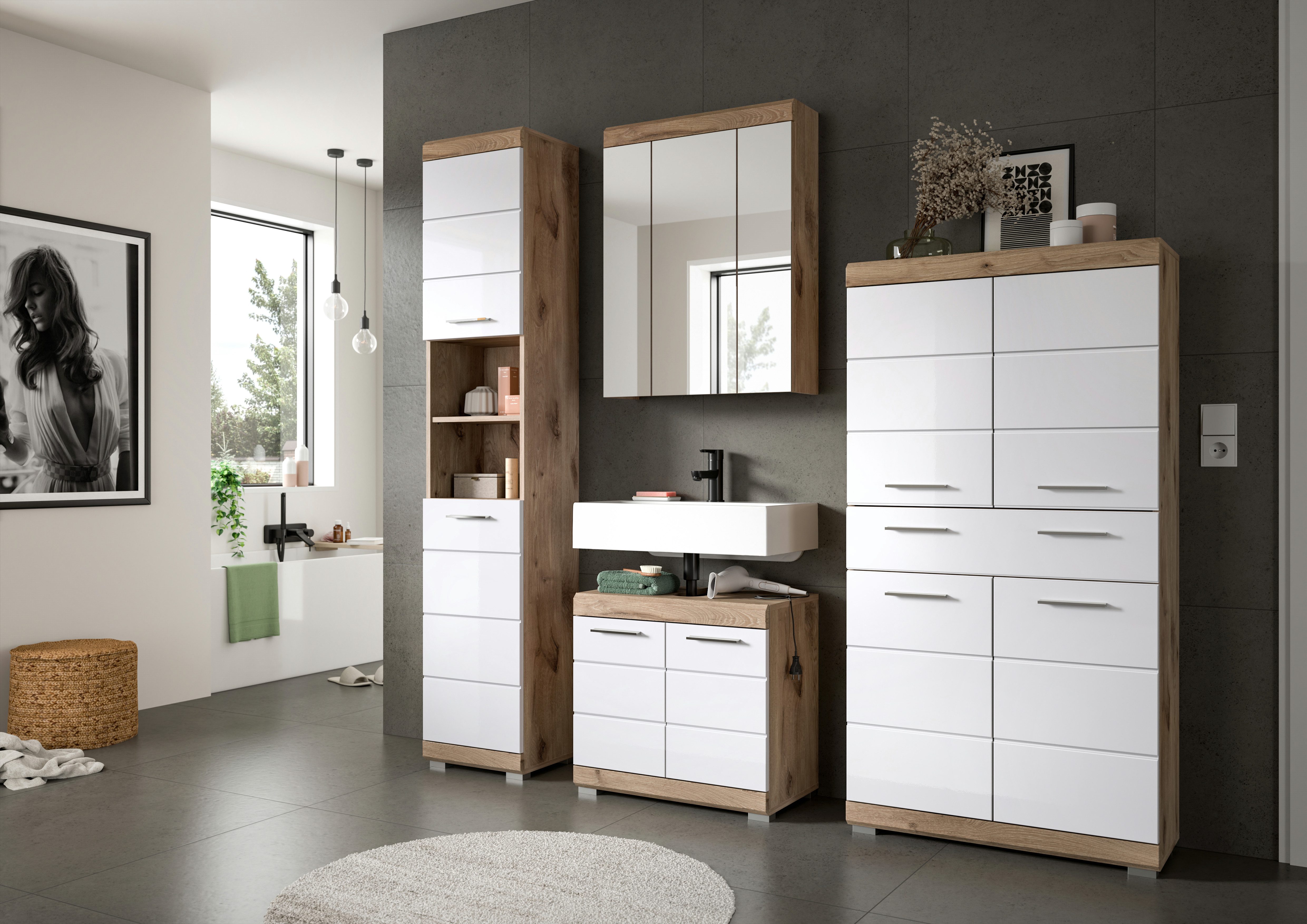 INOSIGN Badkamerserie Siena, 2-delig, bestaande uit: onderkast voor wastafel, spiegelkast in verschillende kleuren verkrijgbaar, badkamermeubels, combinatie, badkamer (set, 2 stuks)
