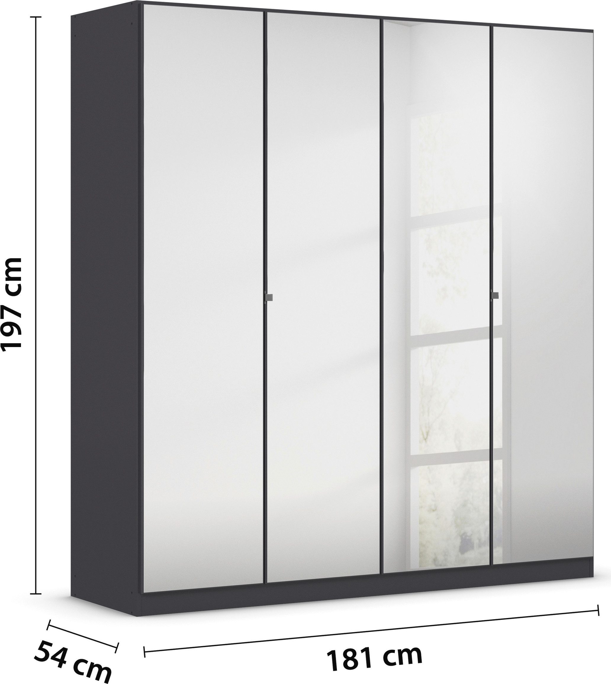 rauch Draaideurkast Reflect met spiegelfront, inclusief praktische interne indeling en stoffen dozen-set