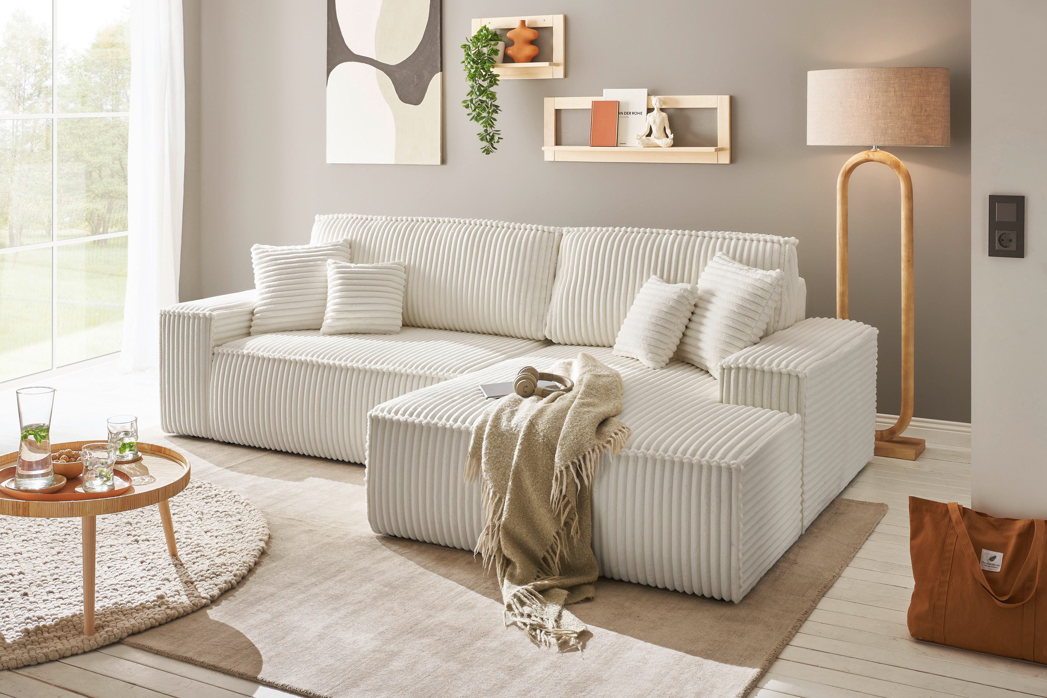 andas Hoekbank FINNLEY Slaapbank 267 cm, L-vorm met Slaapfunctie & Bedlade beschikbaar in de stofkwaliteiten bouclé, structuur fijn en mega cord