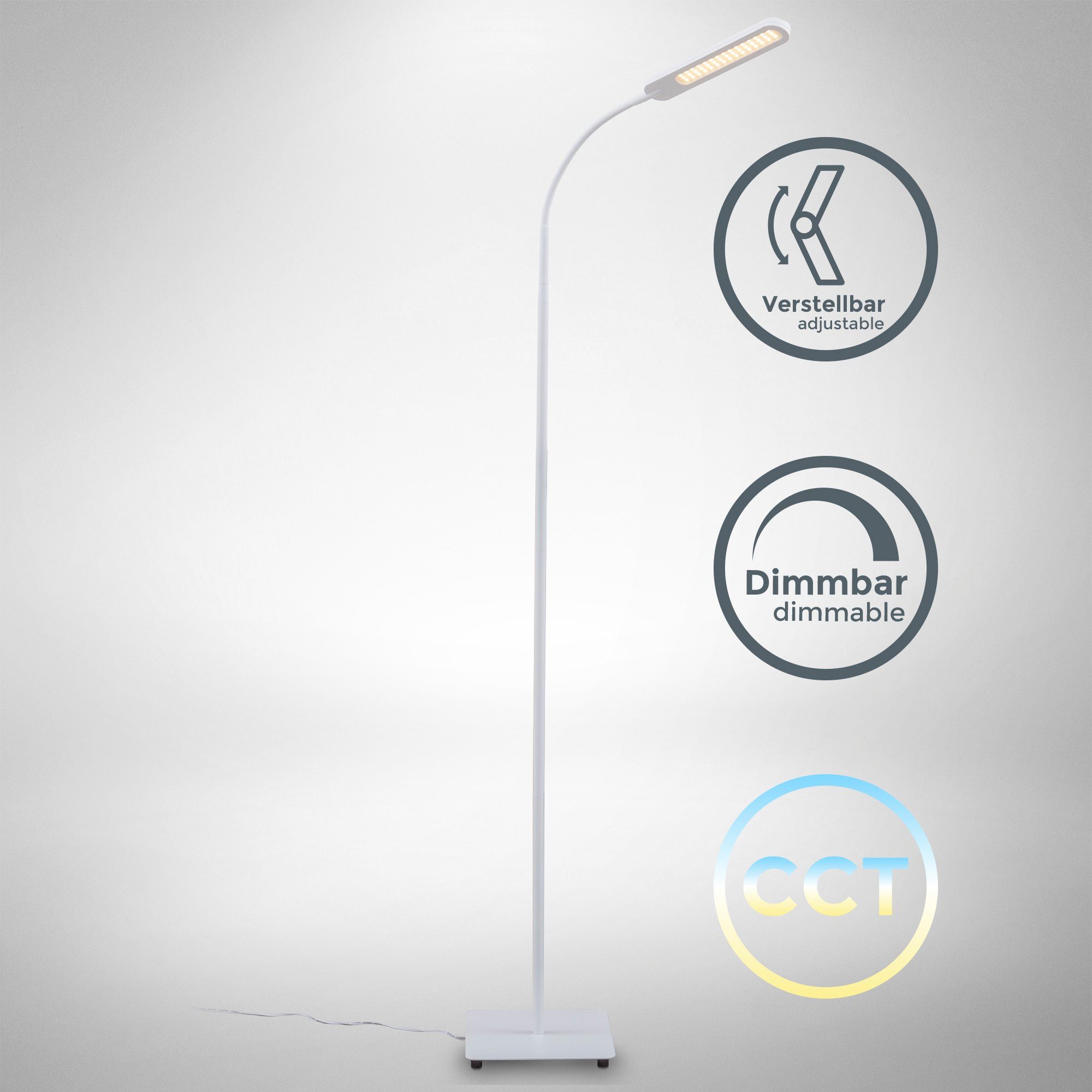 B.K.Licht Staande ledlamp BK_ST1452 LED vloerlamp, dimbaar, CCT 3000K - 6500K, wit Leeslamp, incl. 6,5W, 600 Lm, warmwit - koudwit, touchfunctie (1 stuk)