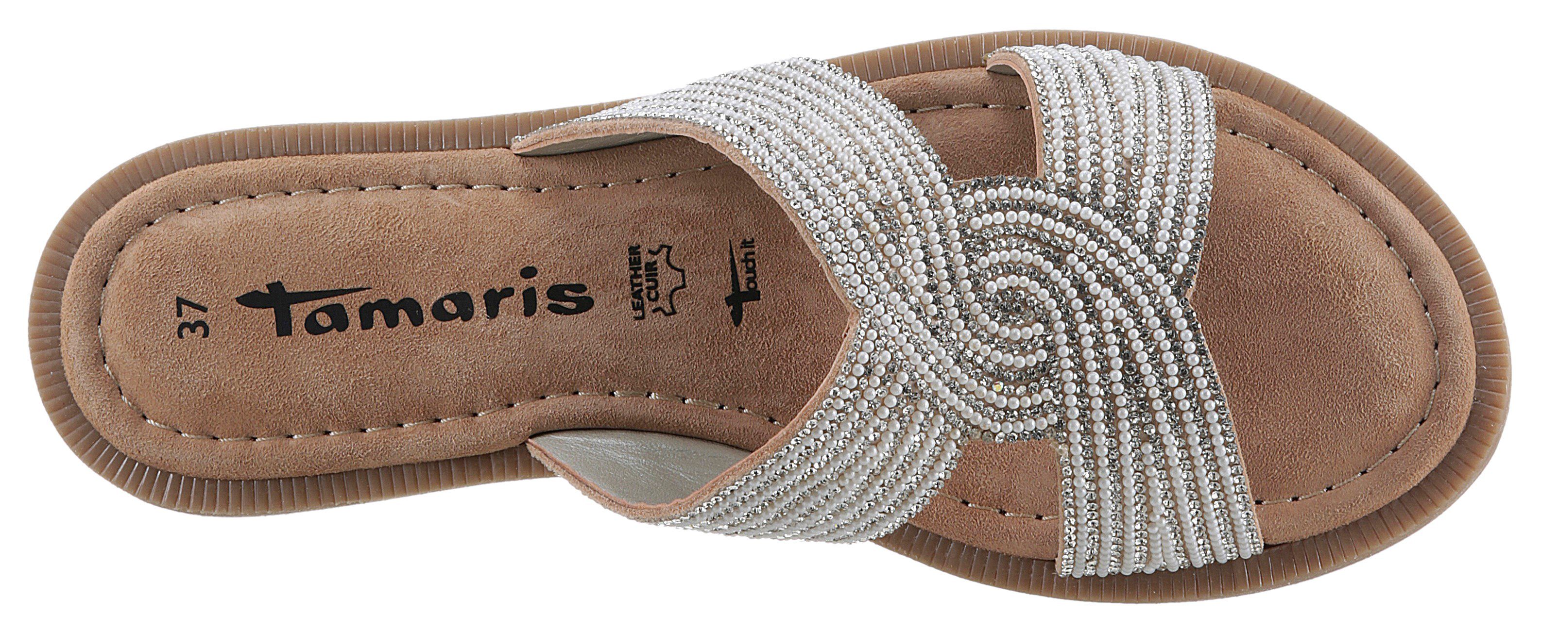 Tamaris Slippers , blokhak, feestmode, zomerschoen met fonkelende bandage