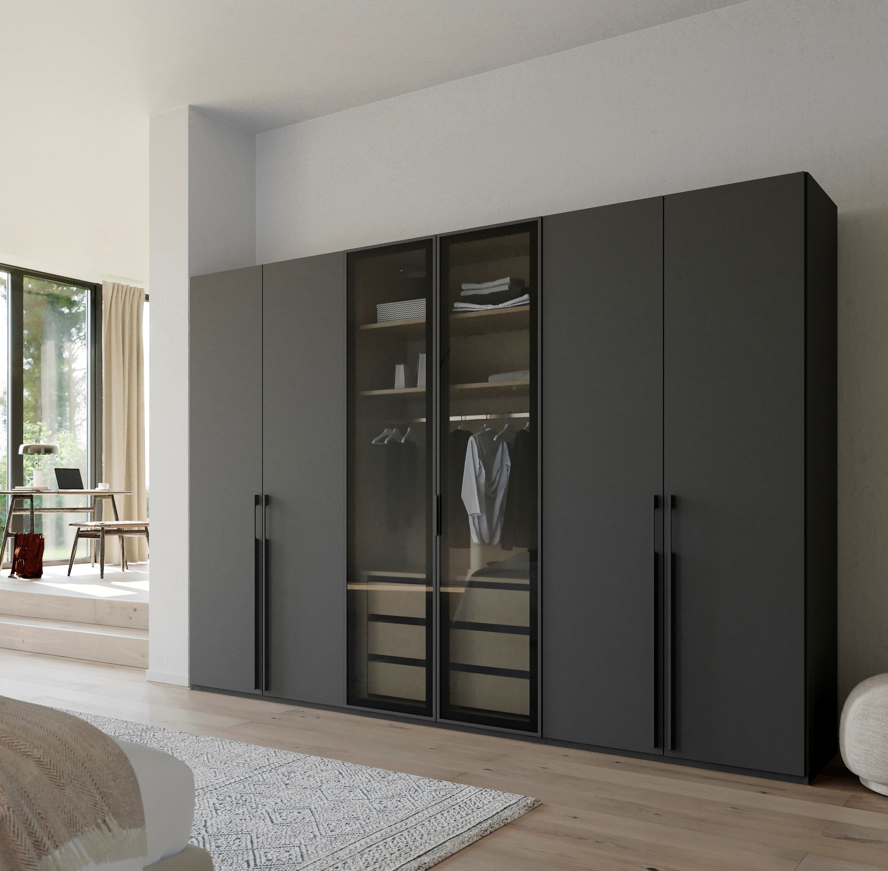 rauch Draaideurkast Kledingkast kast garderobe SKAT SHINE met hoogwaardige, transparant grijs glas inclusief uitgebreid toebehoren made in germany