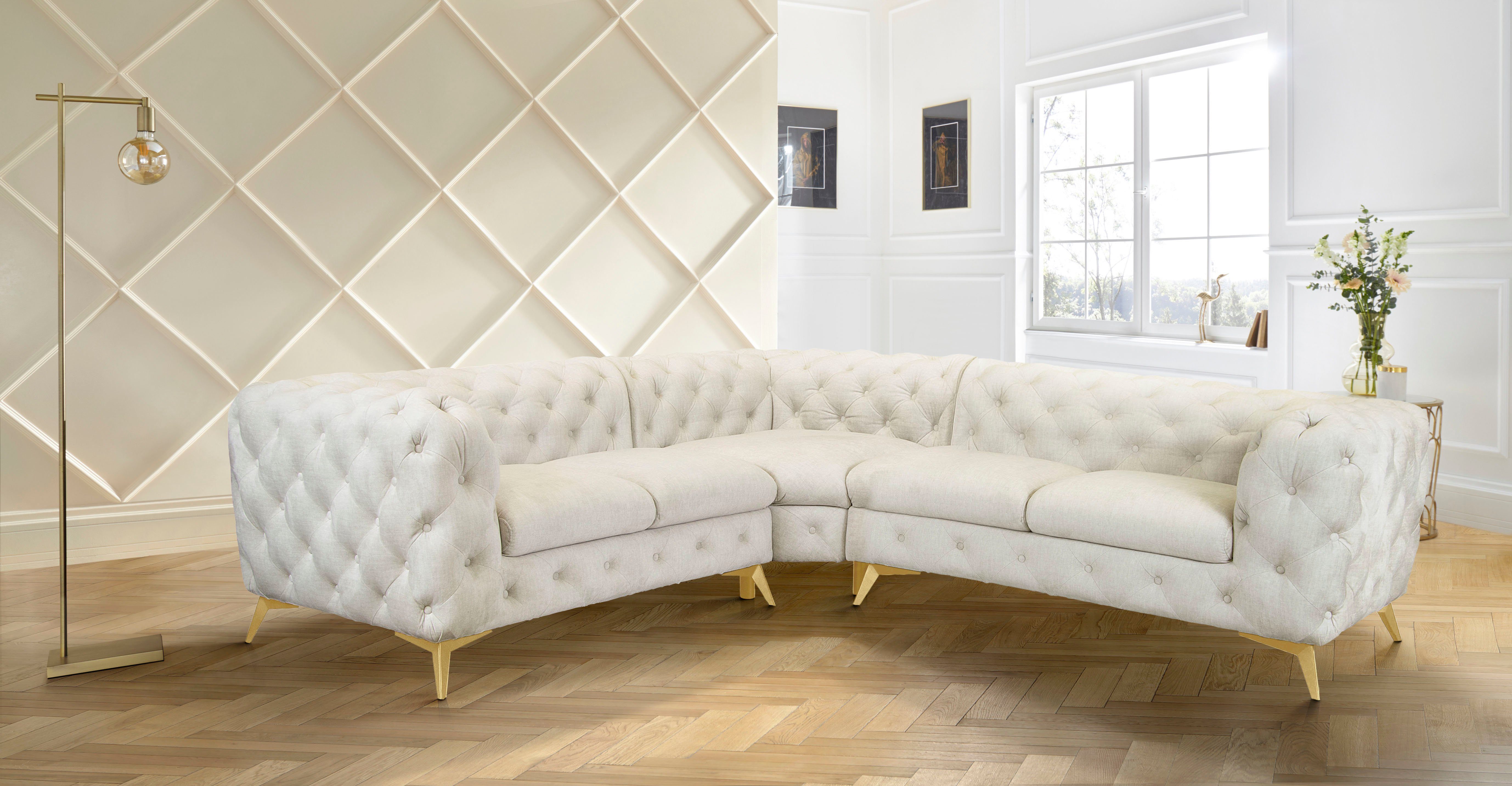 Leonique Chesterfield-bank Glynis L-vorm luxueuze capitonnage, moderne chesterfield look, kleur van de poten ter keuze