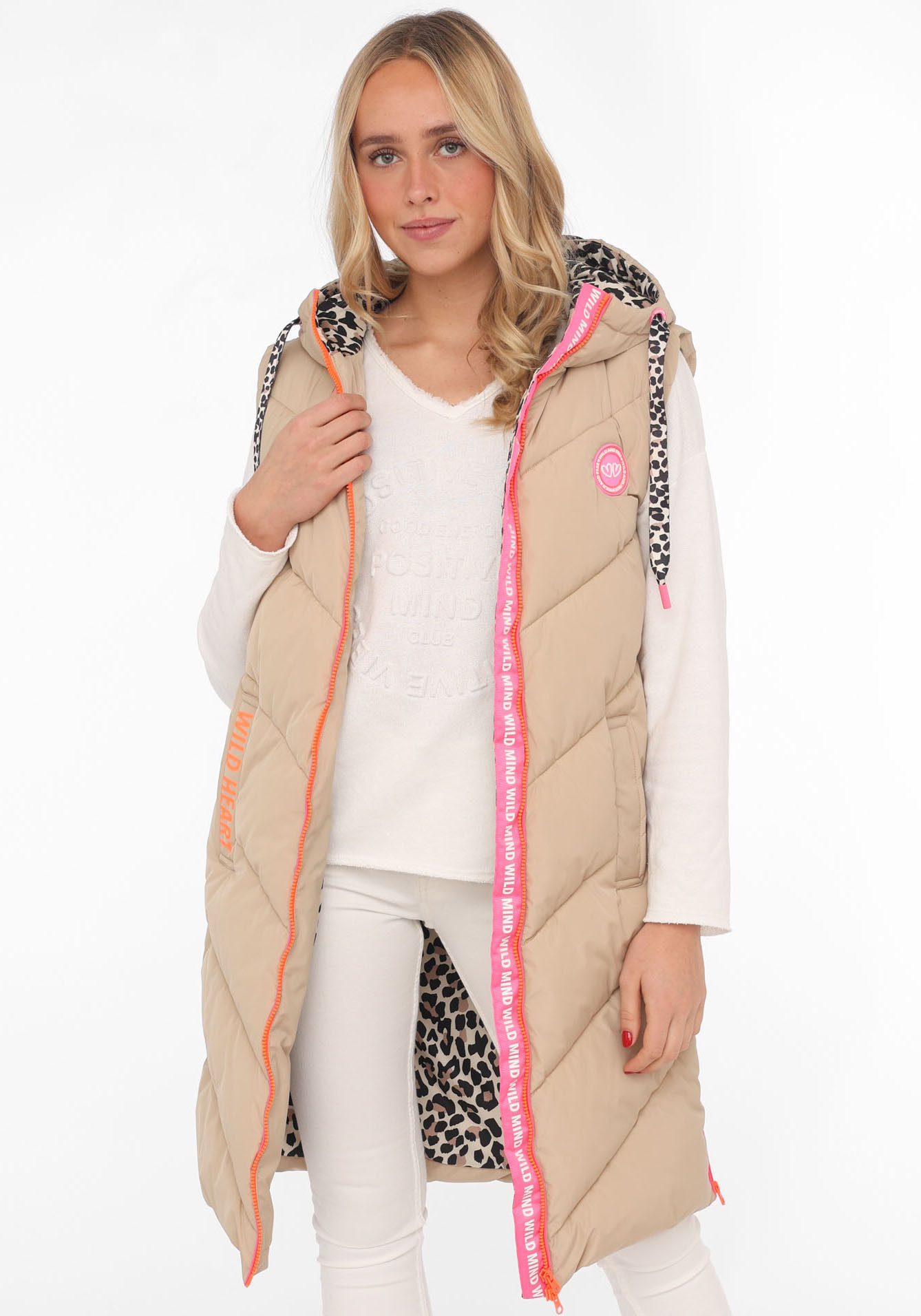 Zwillingsherz Bodywarmer Gewatteerd vest lang "Wild at Heart" met leeuwdetails, print, capuchon, rits en zakken