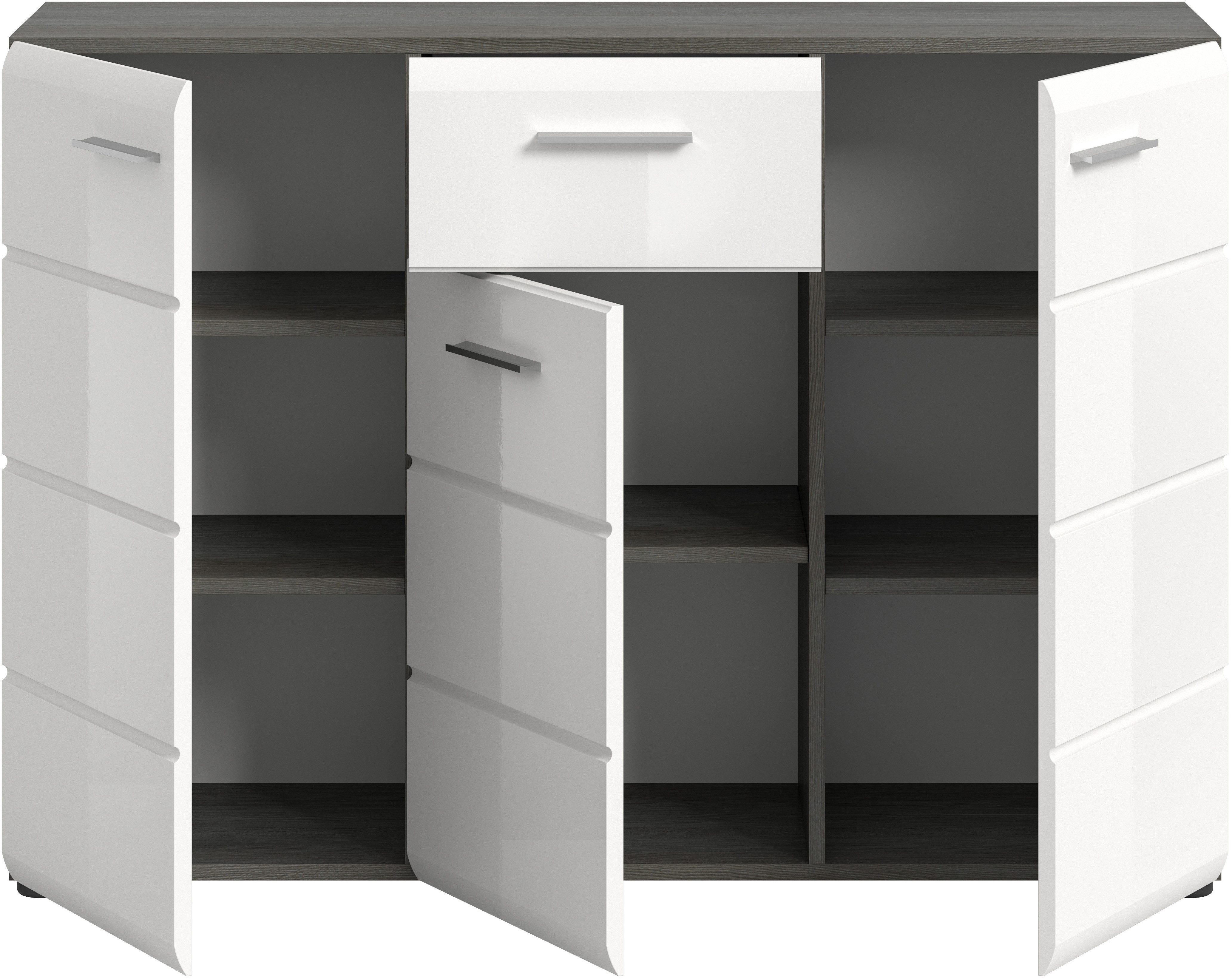 INOSIGN Dressoir Rumba, Breedte 120cm, in Rookzilverkleur nabootsing/Wit Hoogglans