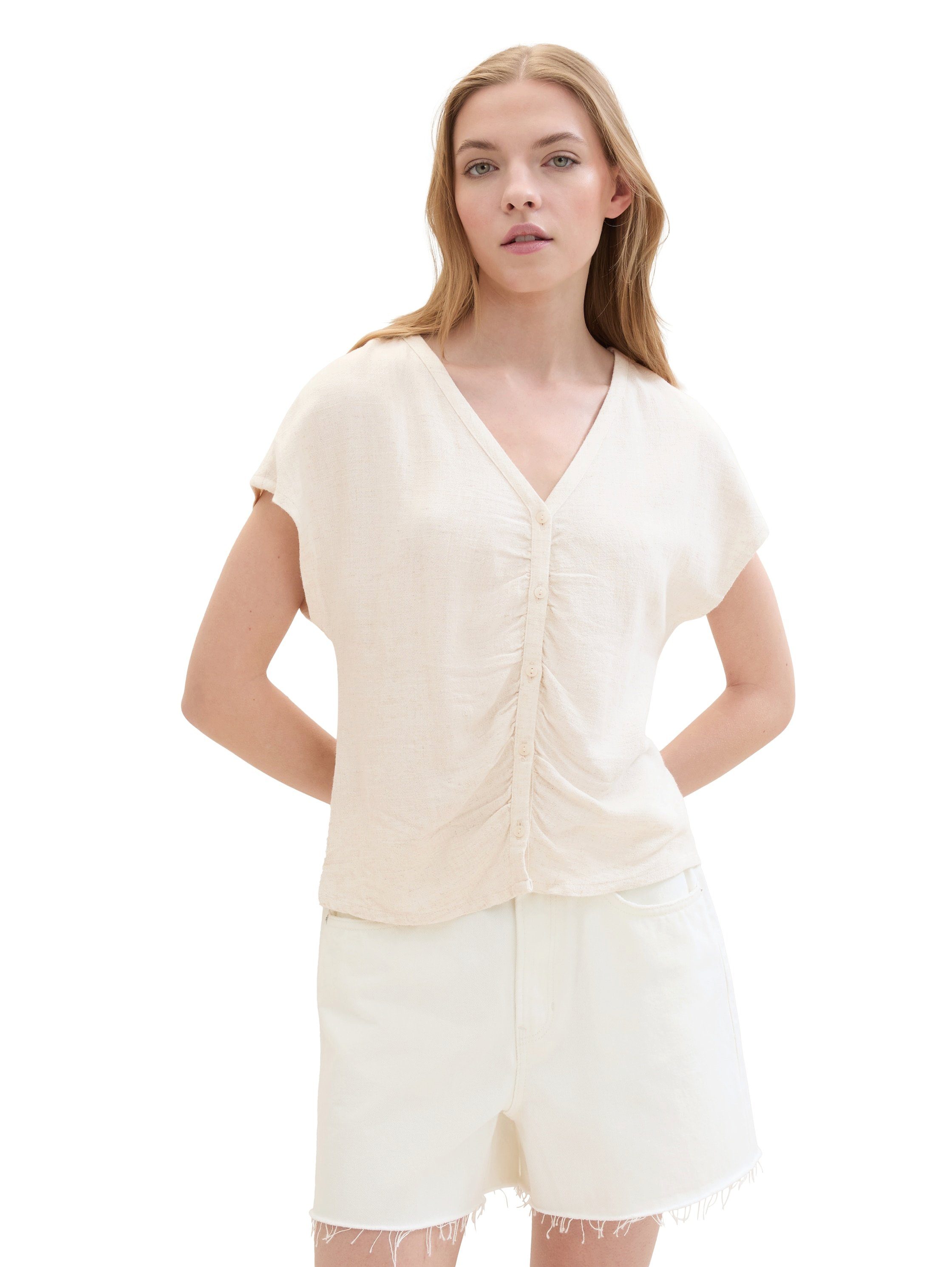 Tom Tailor Denim Blouse met korte mouwen met knoopsluiting en plooi dames blouses maat L beige