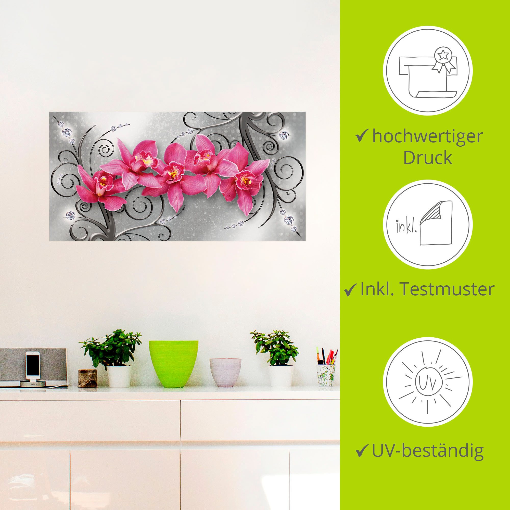 Artland Artprint Roze orchideeën op ornamenten als artprint van aluminium, artprint voor buiten, artprint op linnen, poster, muursticker