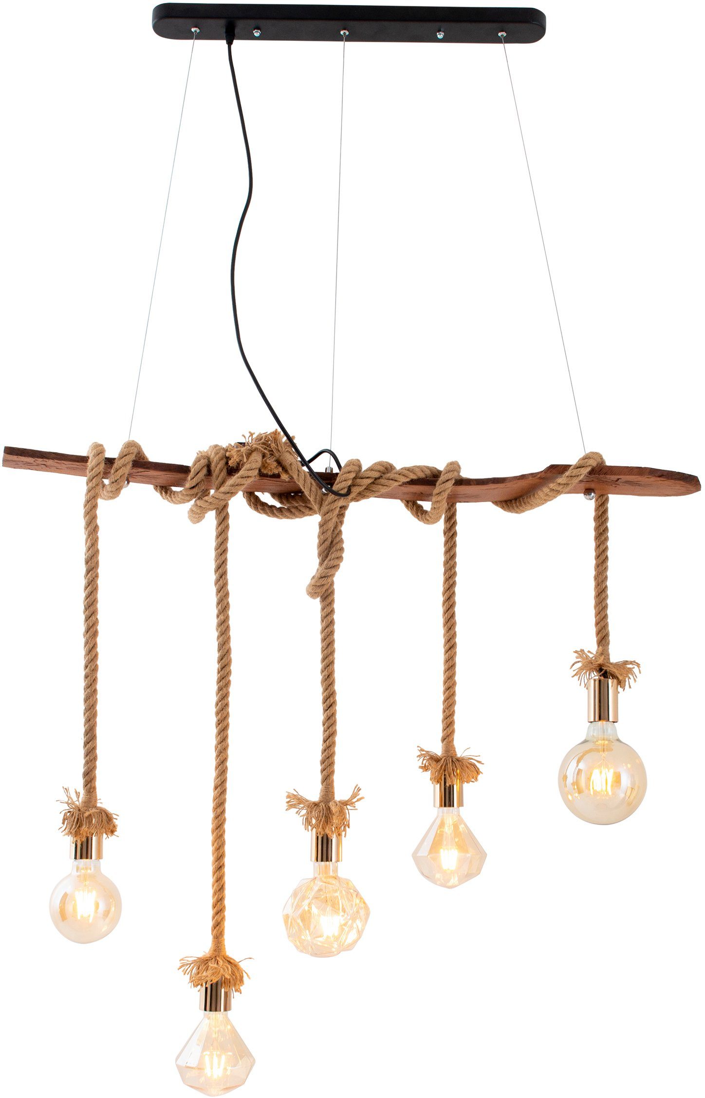 näve Hanglamp Rope Aan de schroeven in hoogte verstelbaar, hout / metaal/kunststof/jutetouw (1 stuk)