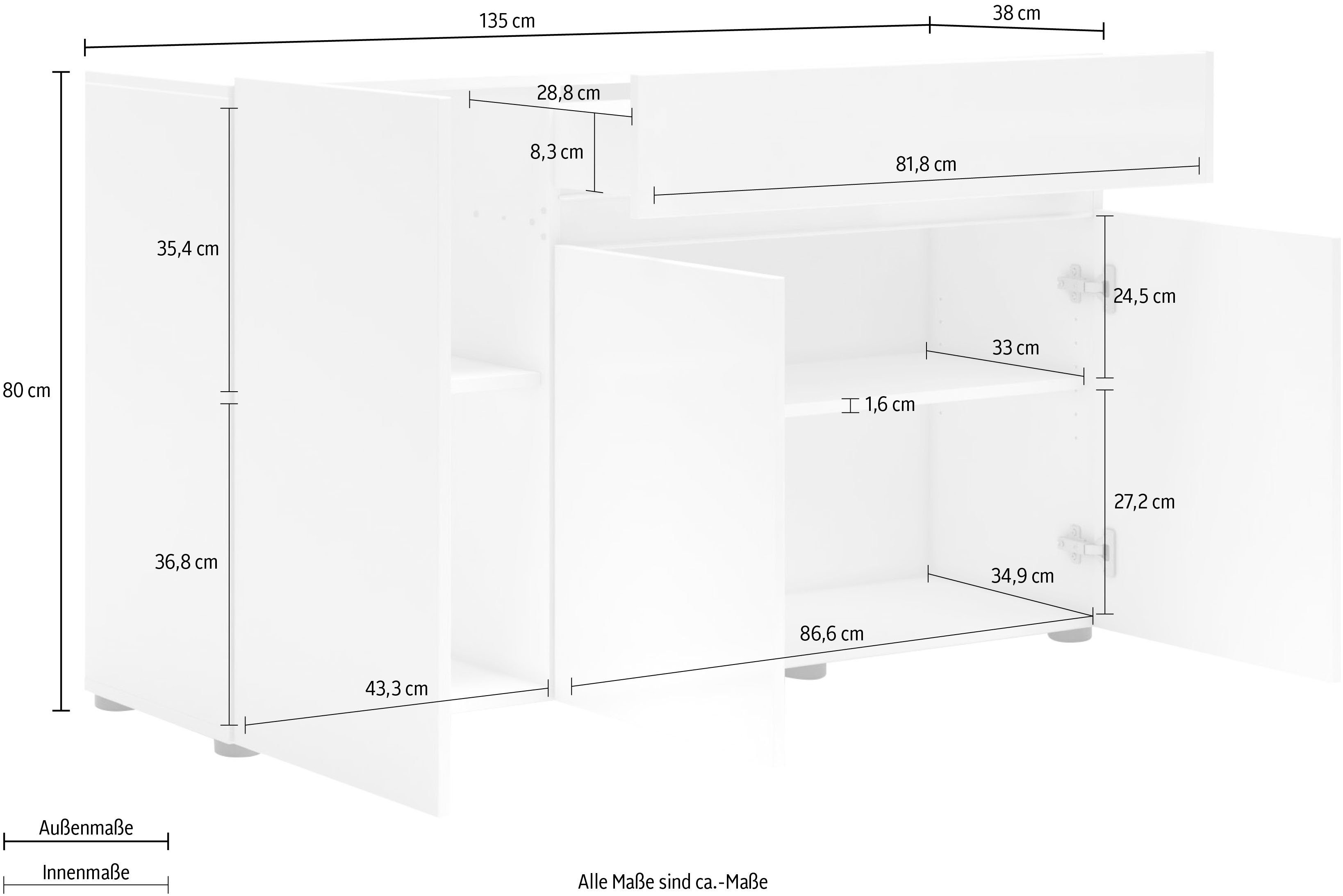 INOSIGN Dressoir Mister Dressoir, volledig hoogglans gelakt, B/H 135x80 cm