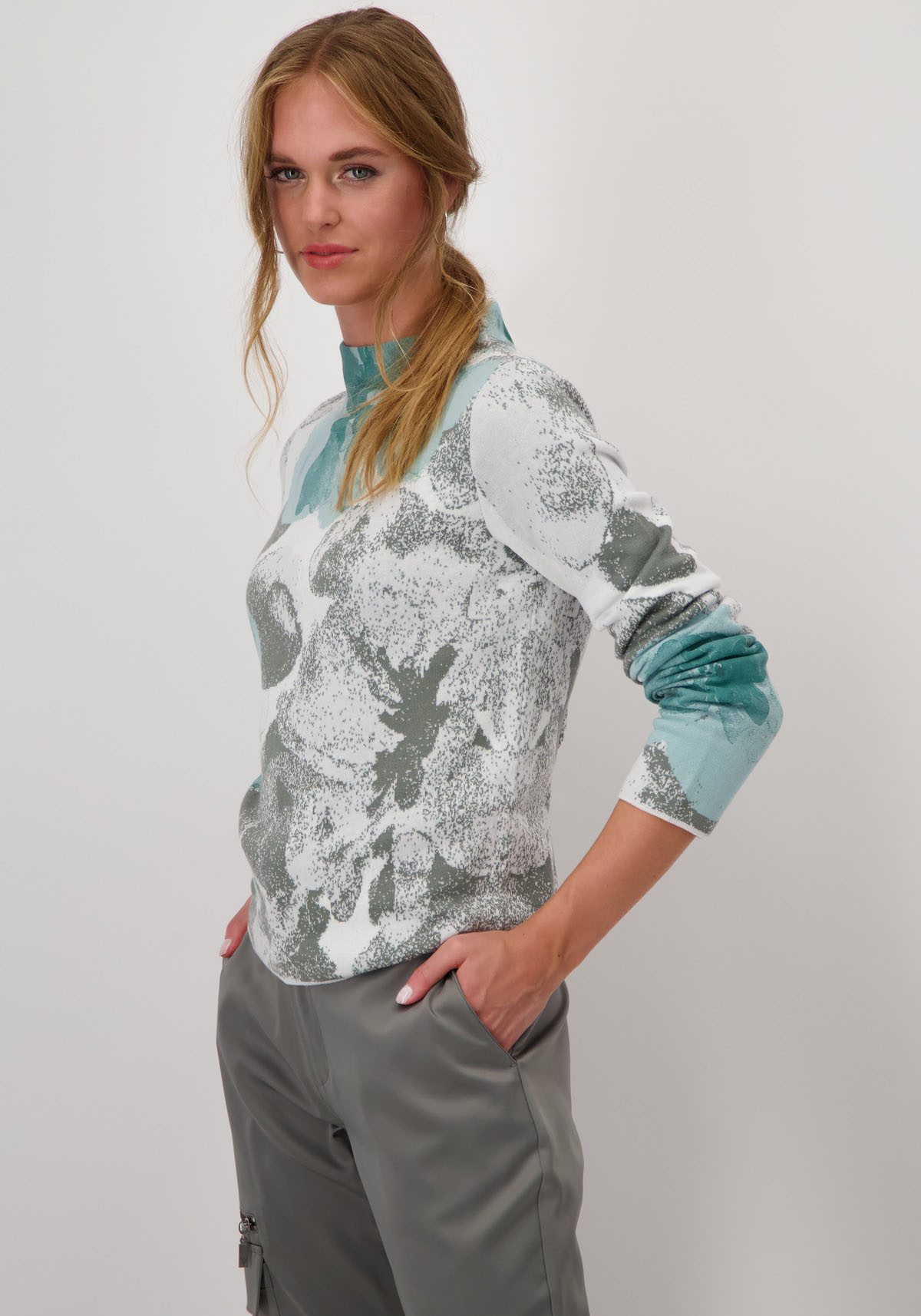 Monari Gebreide trui Pullover jacquard bloem met all-over bloemmotief