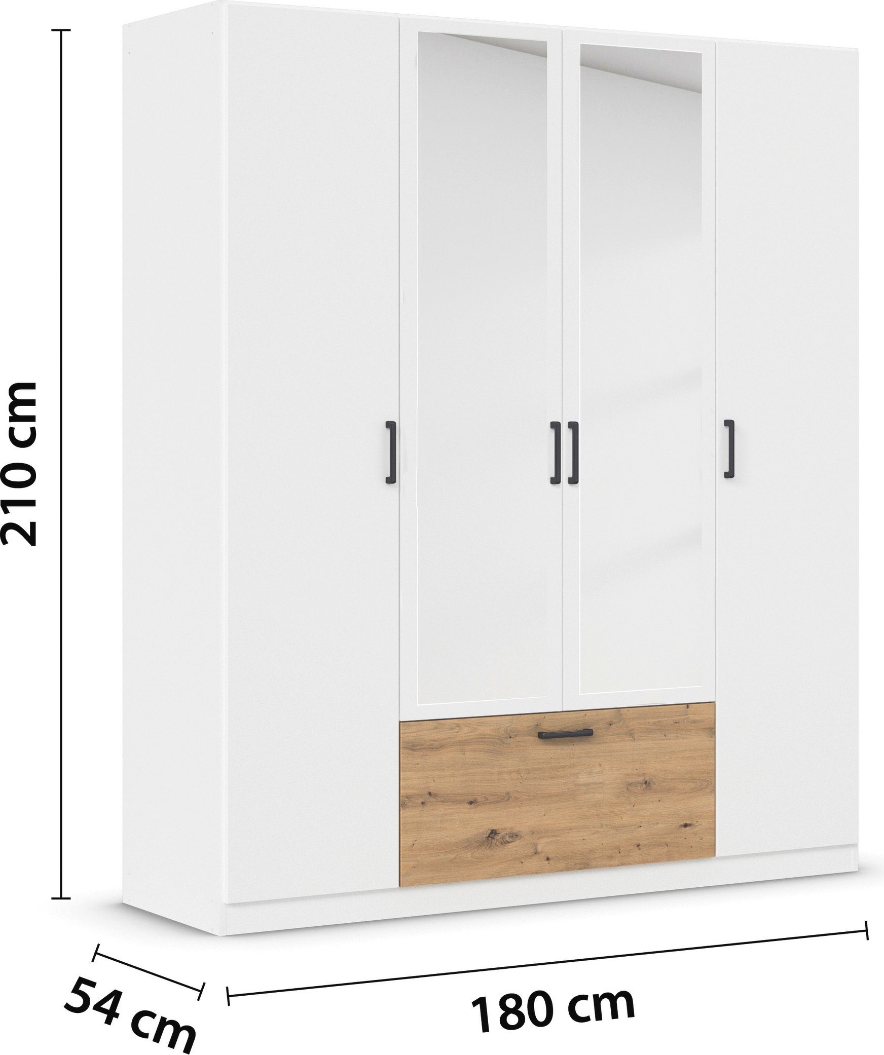 rauch Draaideurkast Kledingkast kast garderobe waskast BARI met spiegel met lades in het midden, moderne greep in grijs metallic made in germany