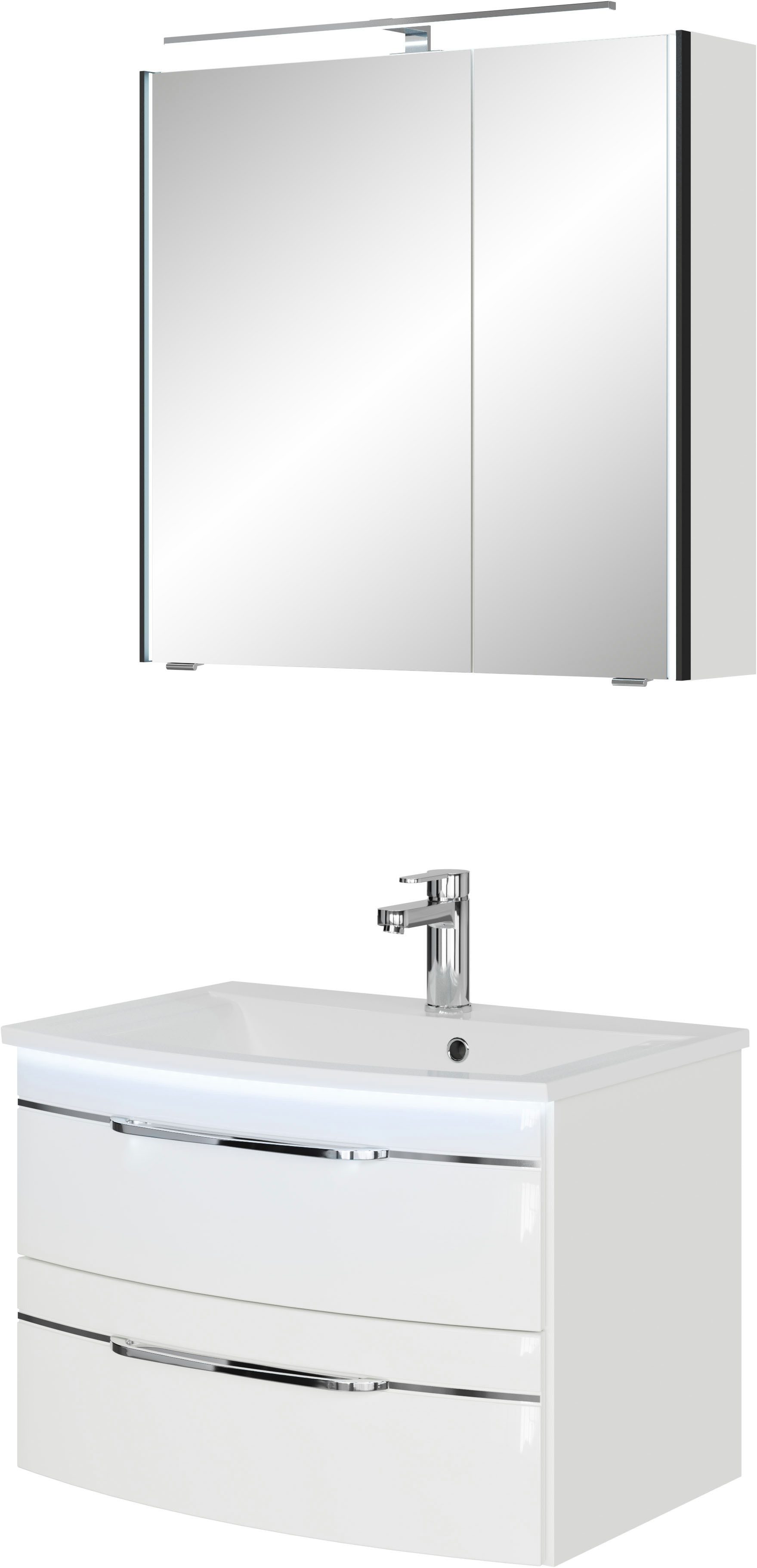 Saphir Badmeubelset Serie 7045 2-delig, mineraalmarmeren wastafel met led-spiegelkast (set, 2 stuks)