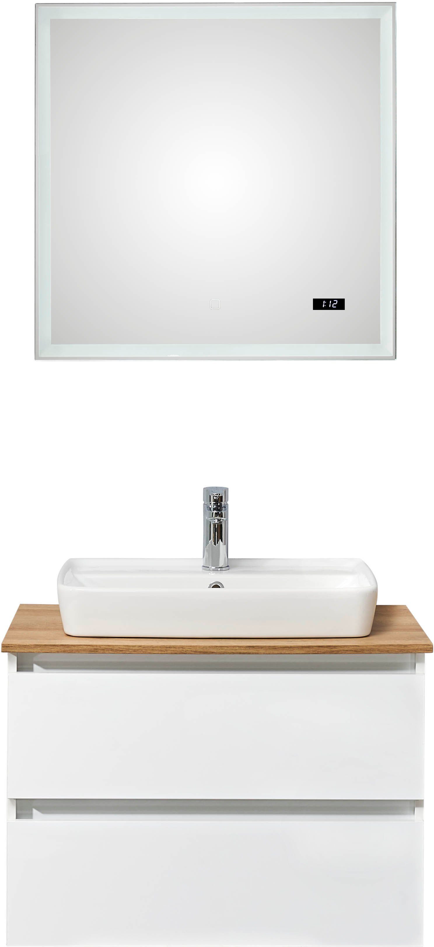 Saphir Badkamerserie Quickset 360 2-delig, keramieken opzetwasbak met led-spiegel (4-delig) badmeubelsets wit